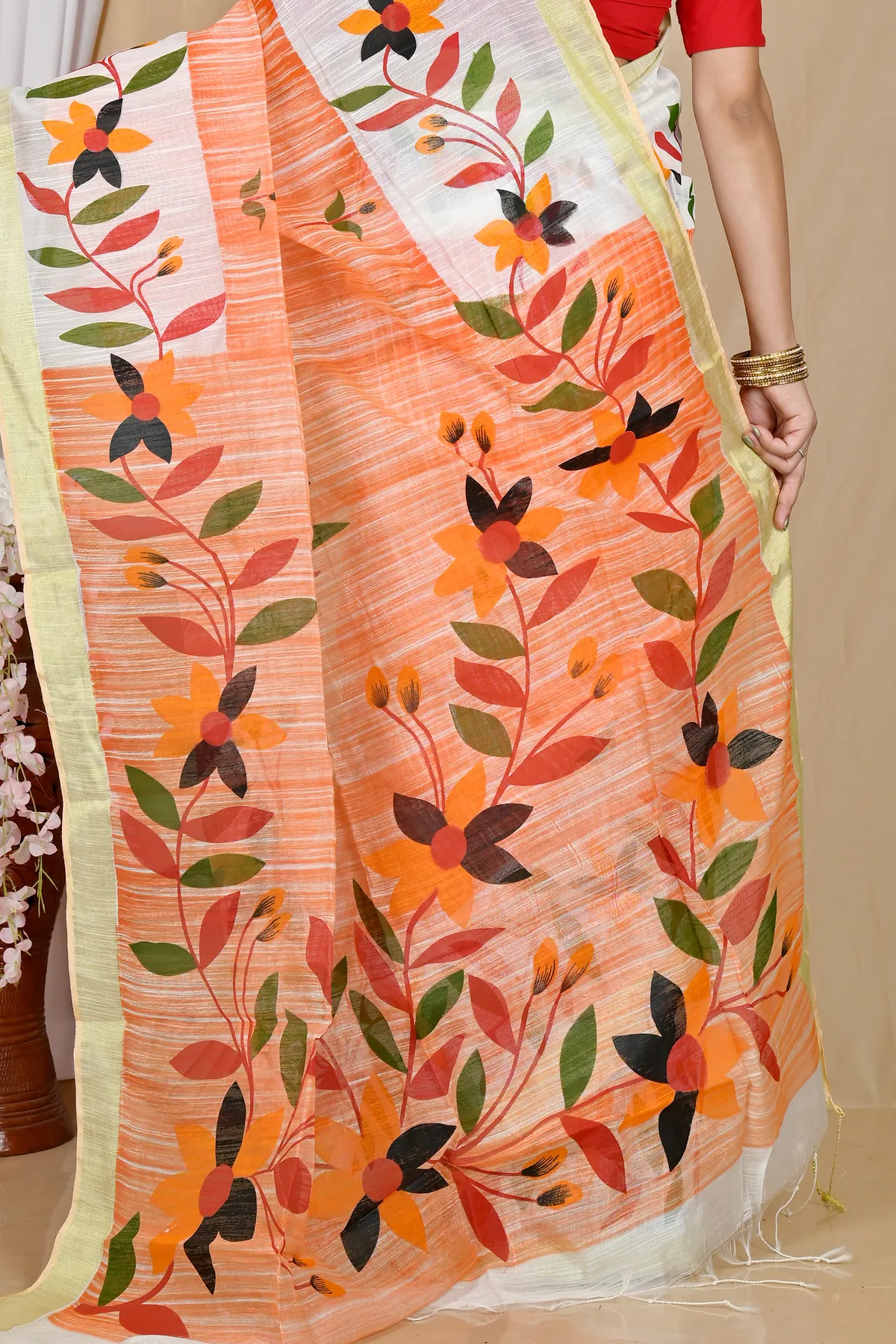 DipDiya Blended Cotton Orange White Korel Essence of Bengal Printed Handloom Sarees