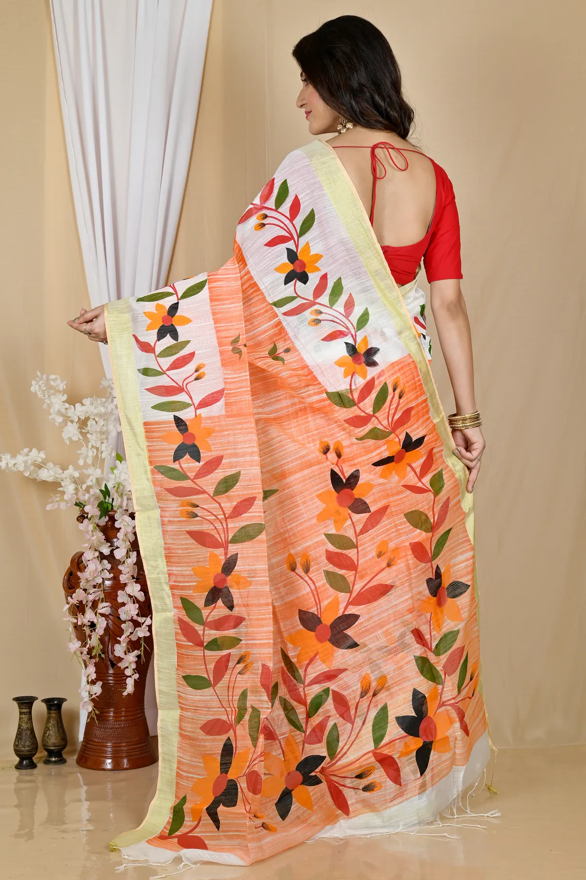 DipDiya Blended Cotton Orange White Korel Essence of Bengal Printed Handloom Sarees