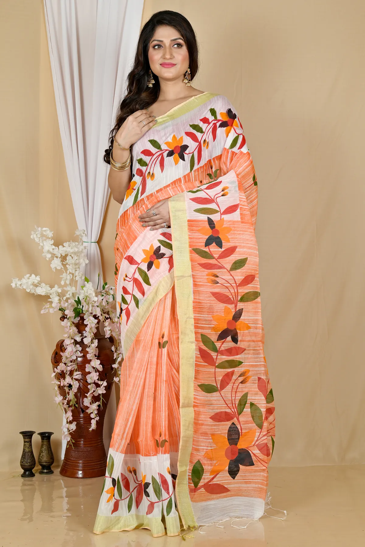 DipDiya Blended Cotton Orange White Korel Essence of Bengal Printed Handloom Sarees