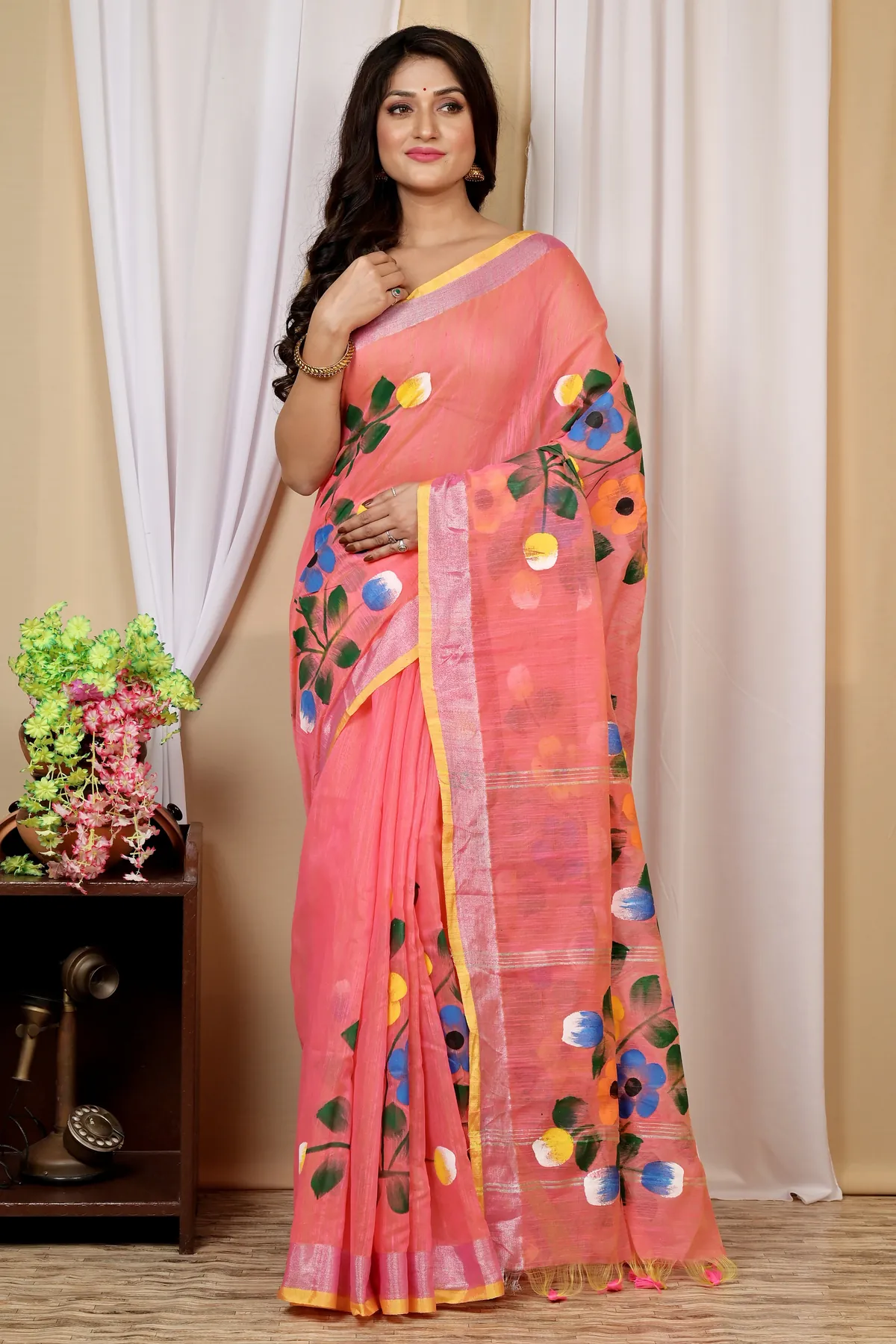 DipDiya Blended Cotton Peach Anito Timeless Bengal Hand Painted Sarees