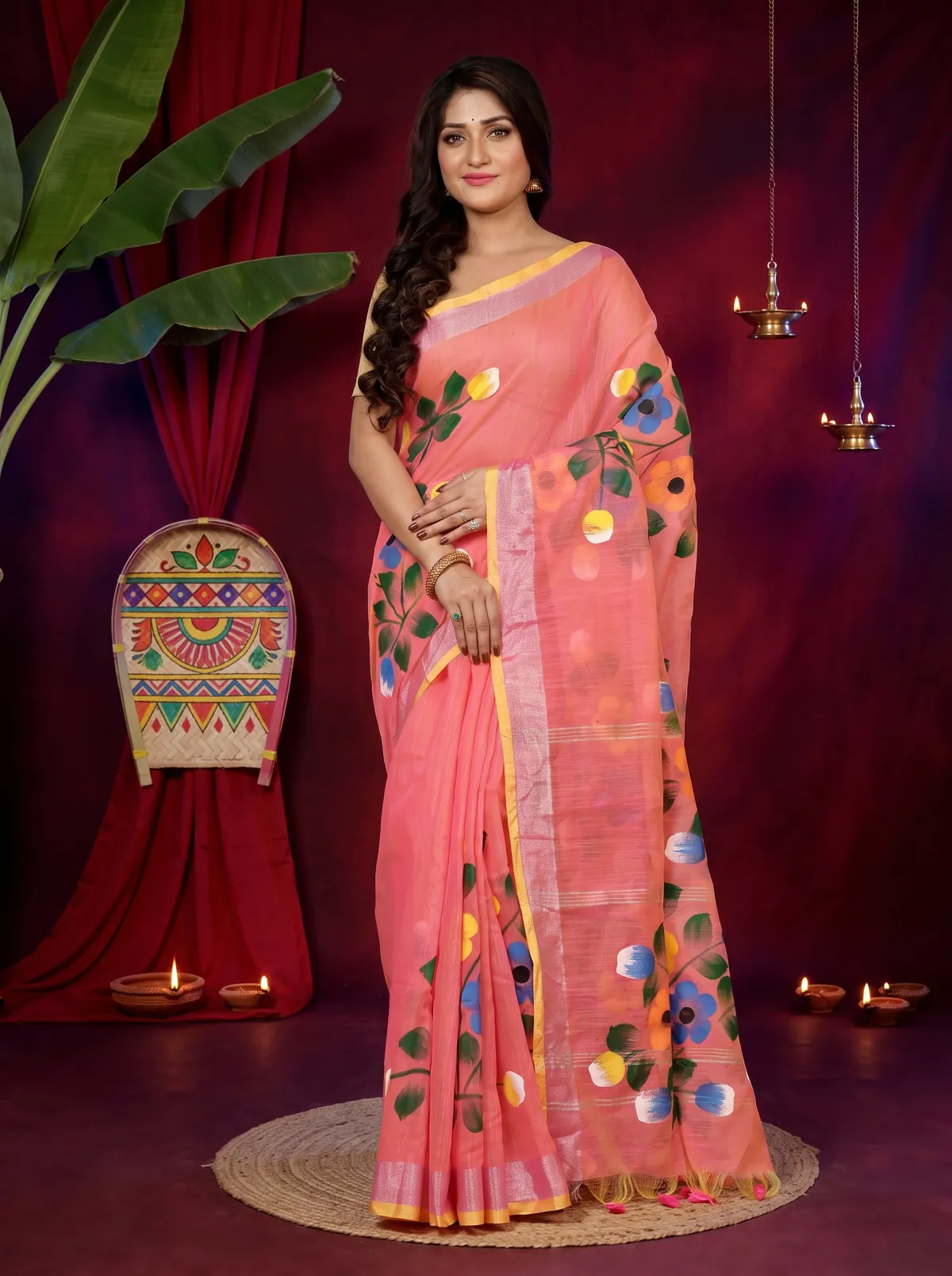 DipDiya Blended Cotton Peach Anito Timeless Bengal Hand Painted Sarees