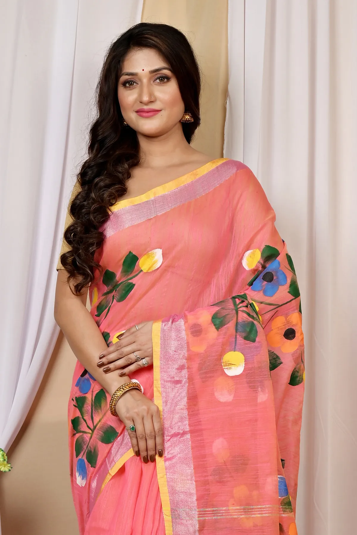 DipDiya Blended Cotton Peach Anito Timeless Bengal Hand Painted Sarees