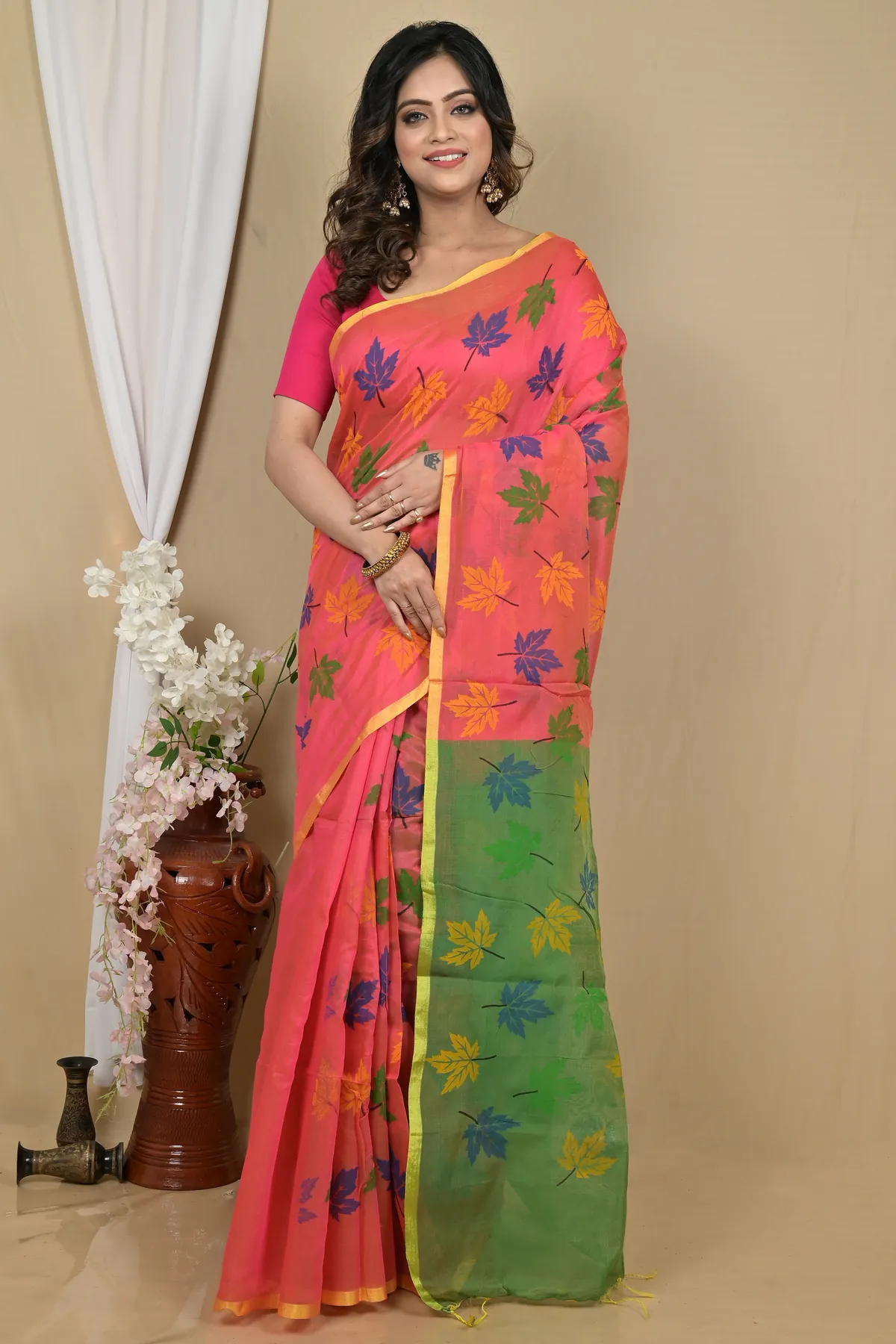 DipDiya Blended Cotton Peach Green Pisha Rooted in Bengal Handloom Sarees