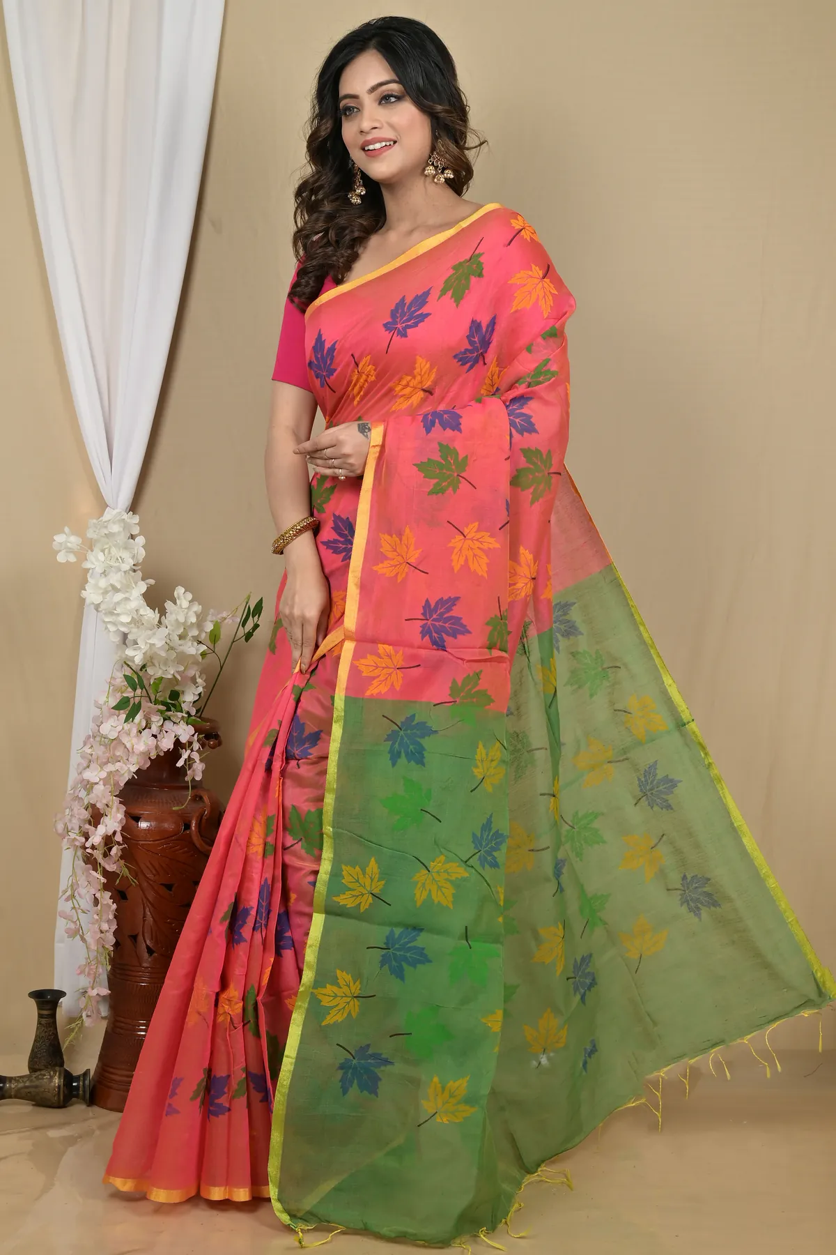 DipDiya Blended Cotton Peach Green Pisha Rooted in Bengal Handloom Sarees