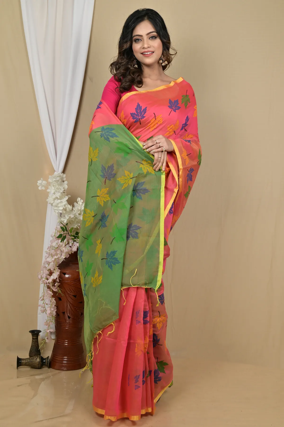 DipDiya Blended Cotton Peach Green Pisha Rooted in Bengal Handloom Sarees