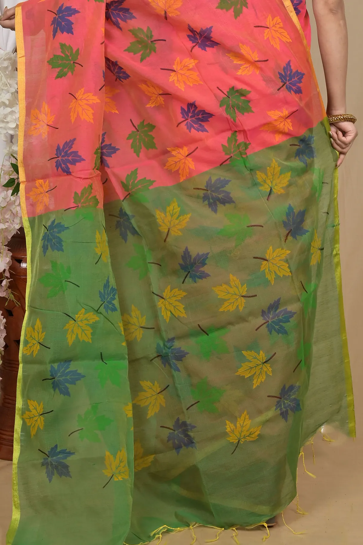 DipDiya Blended Cotton Peach Green Pisha Rooted in Bengal Handloom Sarees