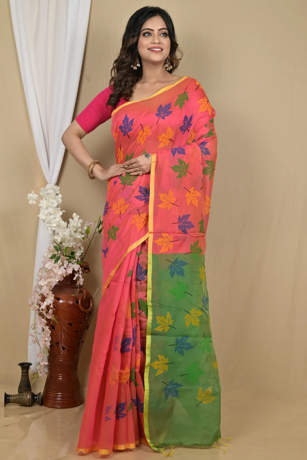 DipDiya Blended Cotton Peach Green Pisha Rooted in Bengal Handloom Sarees