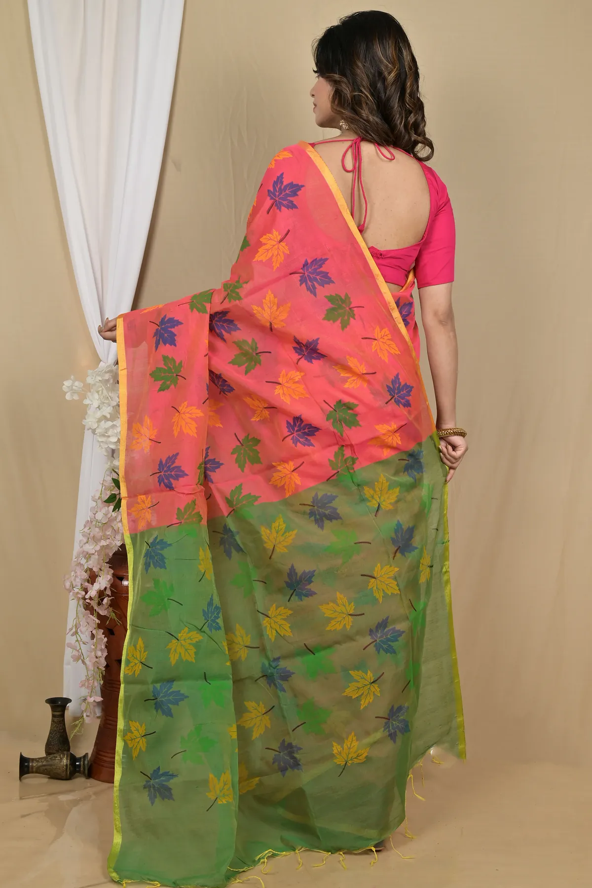 DipDiya Blended Cotton Peach Green Pisha Rooted in Bengal Handloom Sarees
