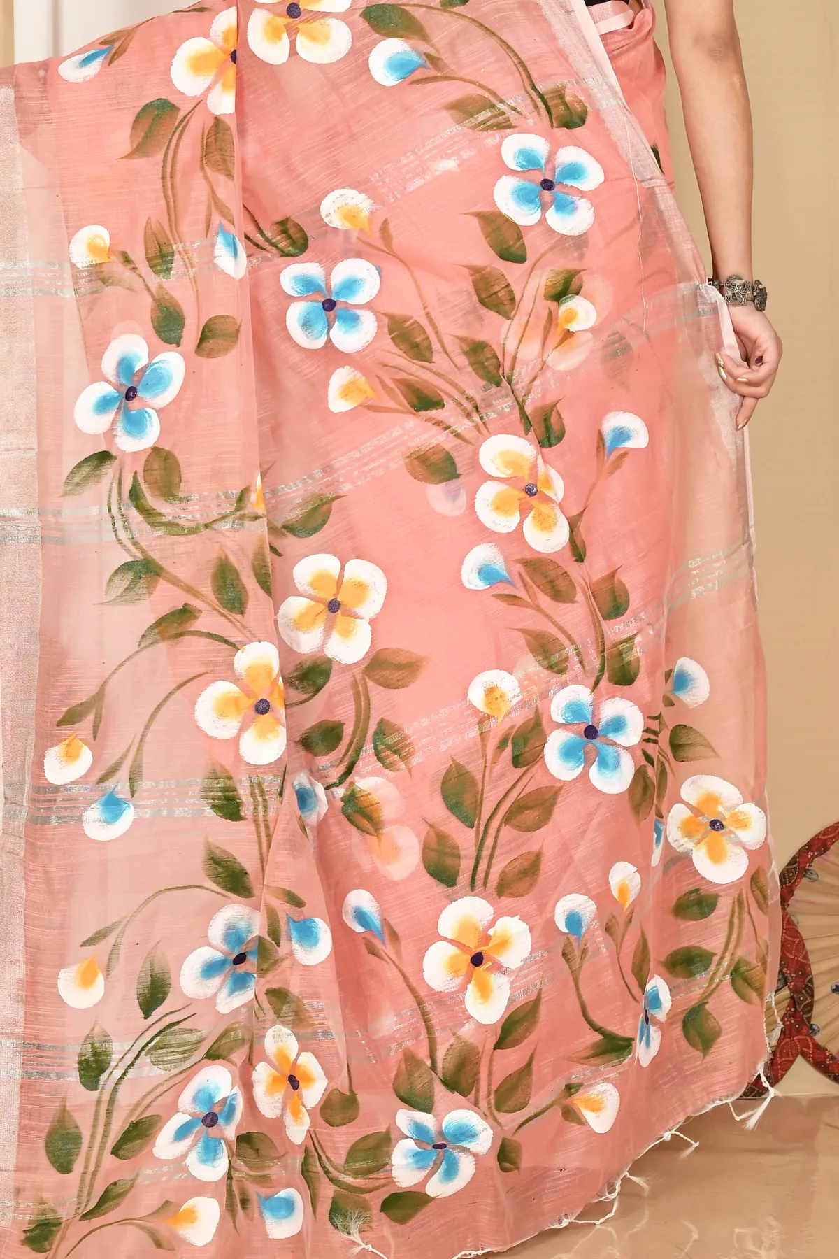 DipDiya Blended Cotton Peach Tanikato Pure Bengali Grace Hand Painted Sarees