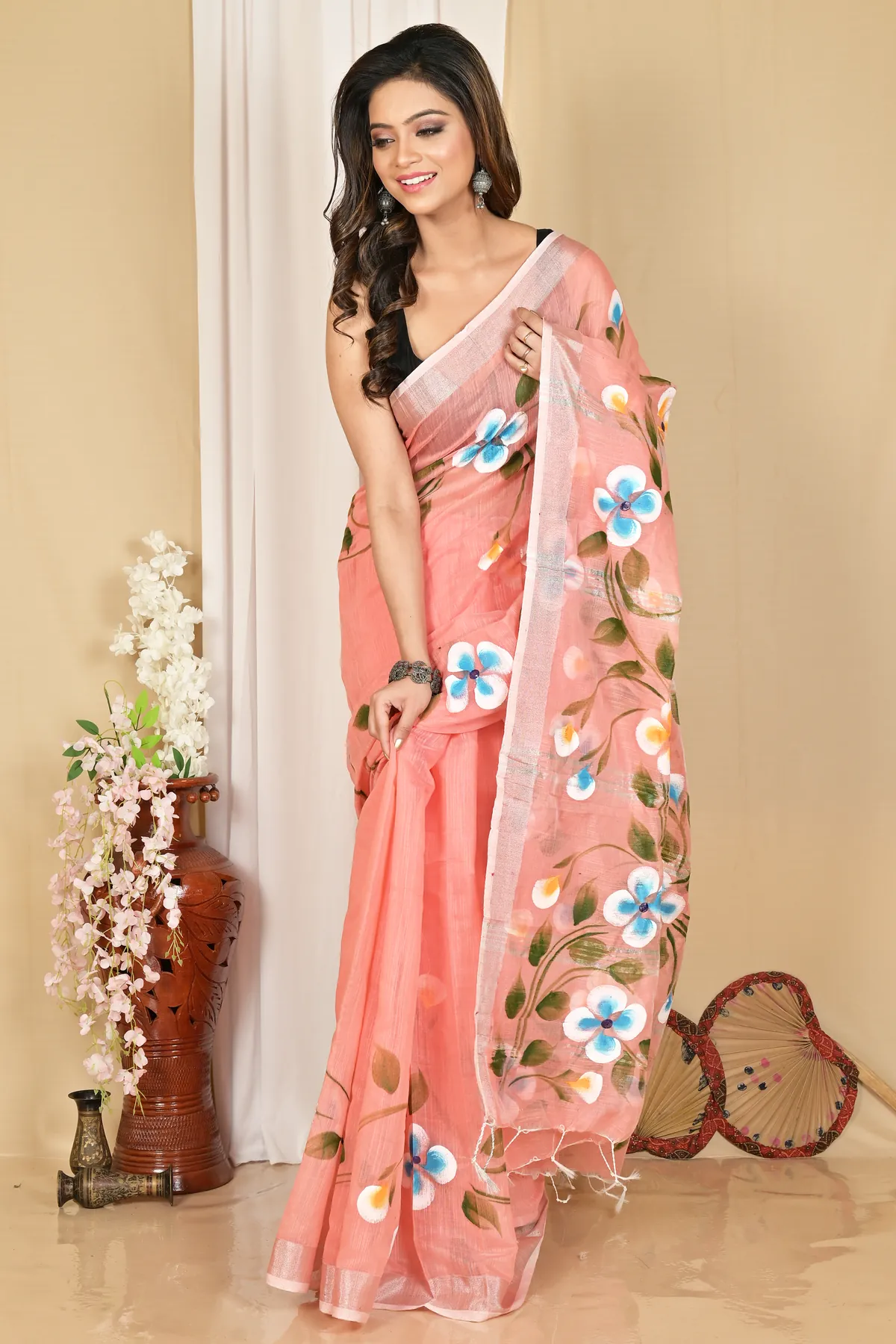 DipDiya Blended Cotton Peach Tanikato Pure Bengali Grace Hand Painted Sarees
