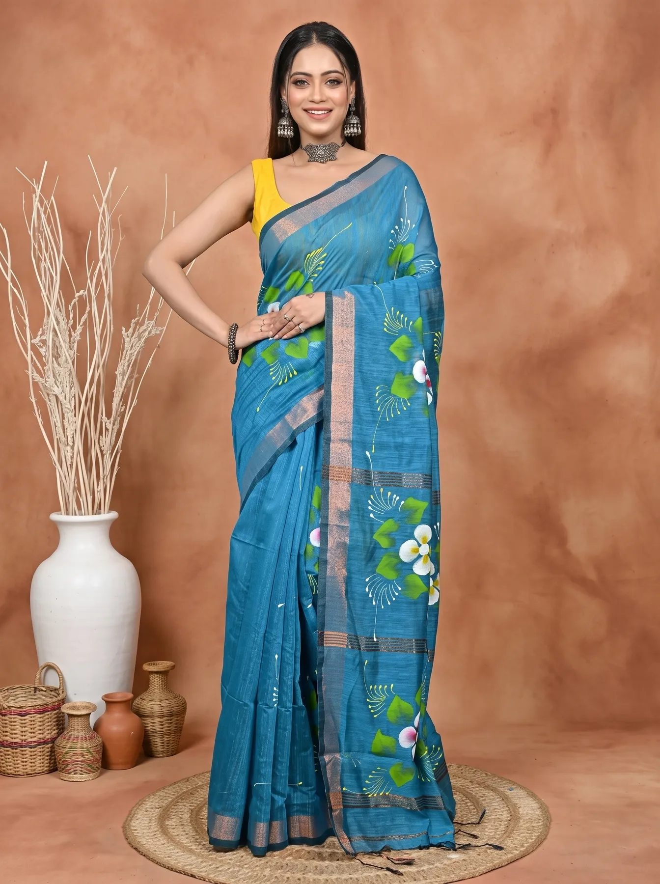 DipDiya Blended Cotton Peacock Blue Samvi Heritage of Bengali Hand Painted Sarees