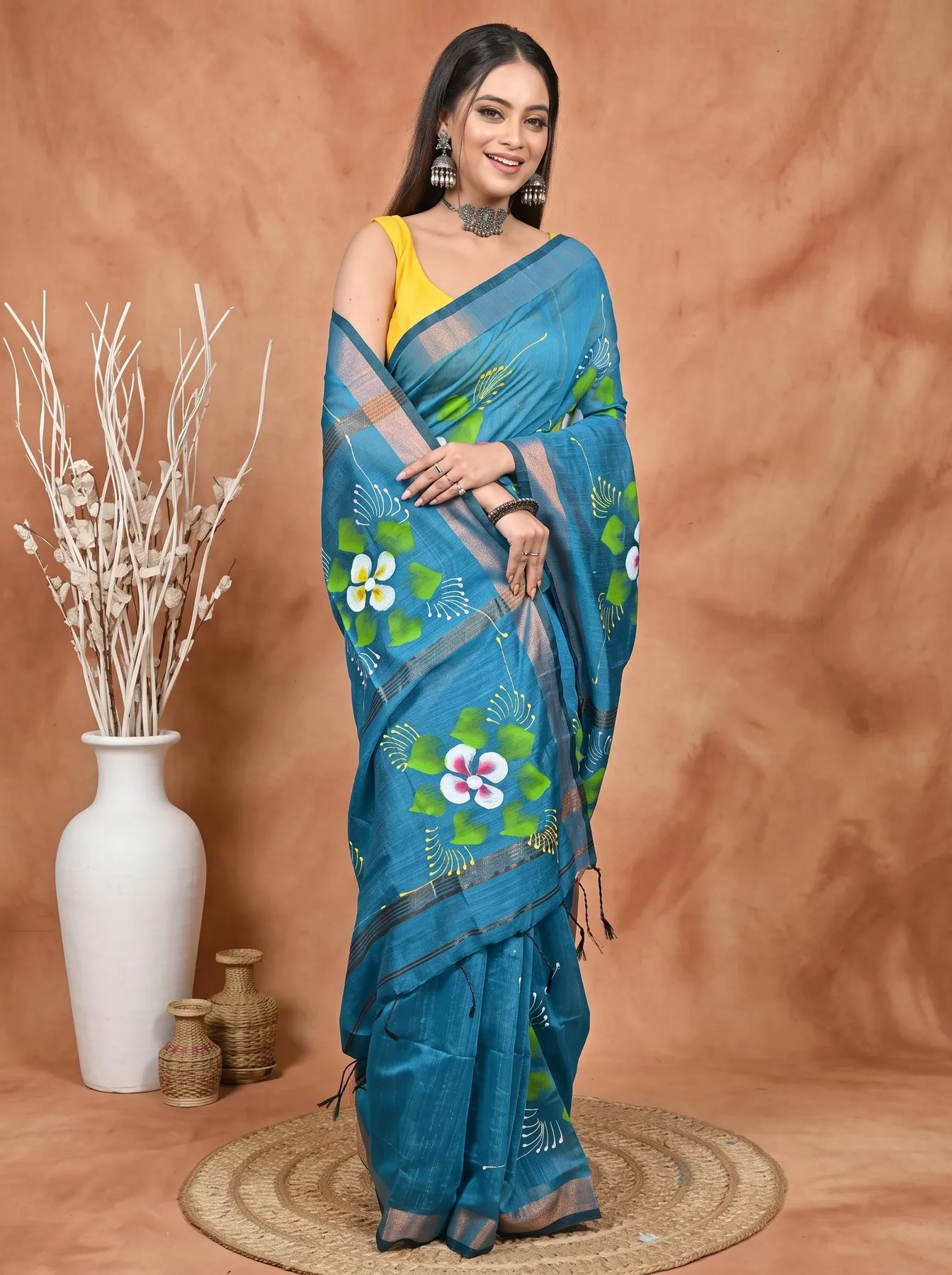 DipDiya Blended Cotton Peacock Blue Samvi Heritage of Bengali Hand Painted Sarees