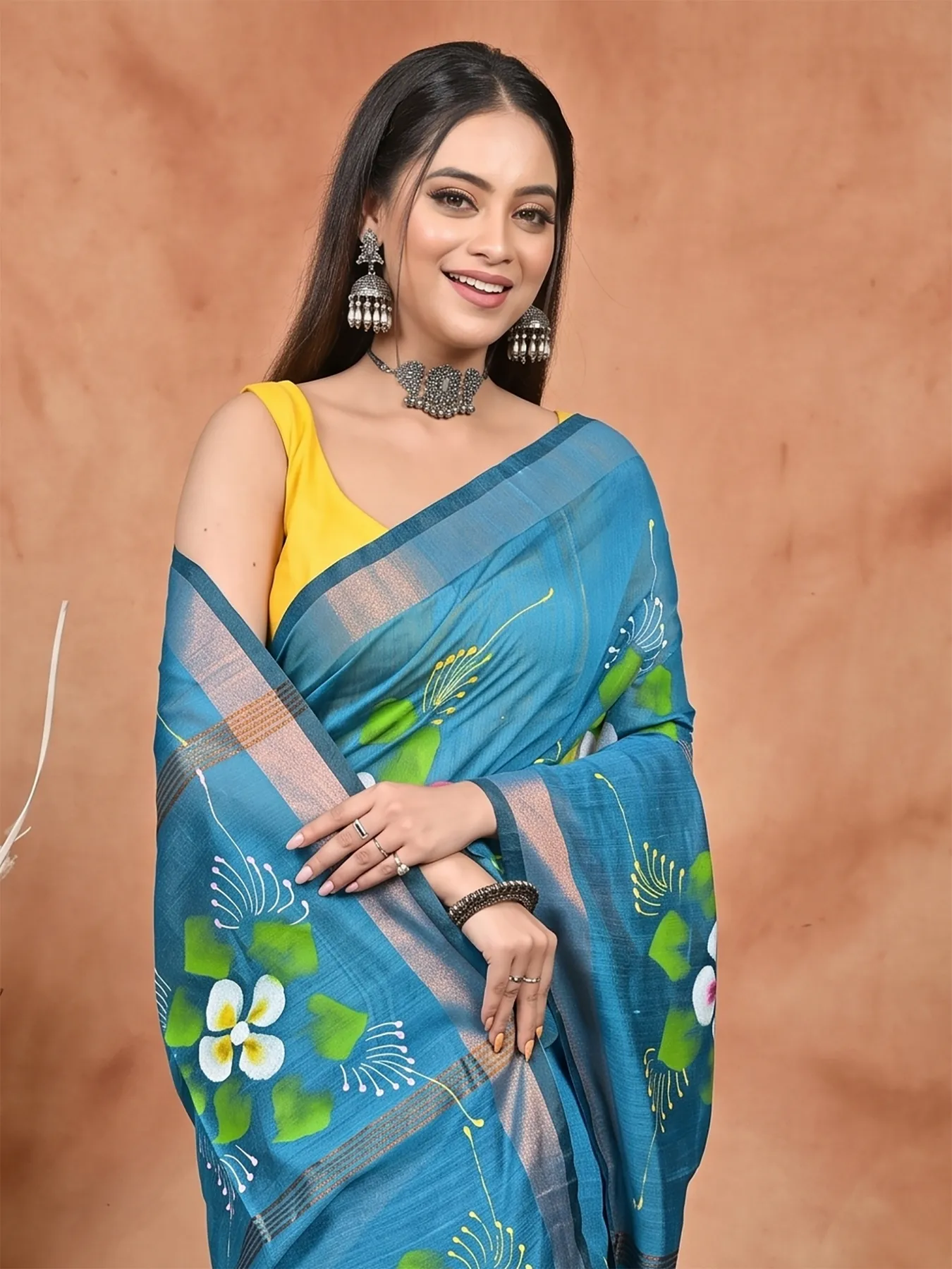 DipDiya Blended Cotton Peacock Blue Samvi Heritage of Bengali Hand Painted Sarees