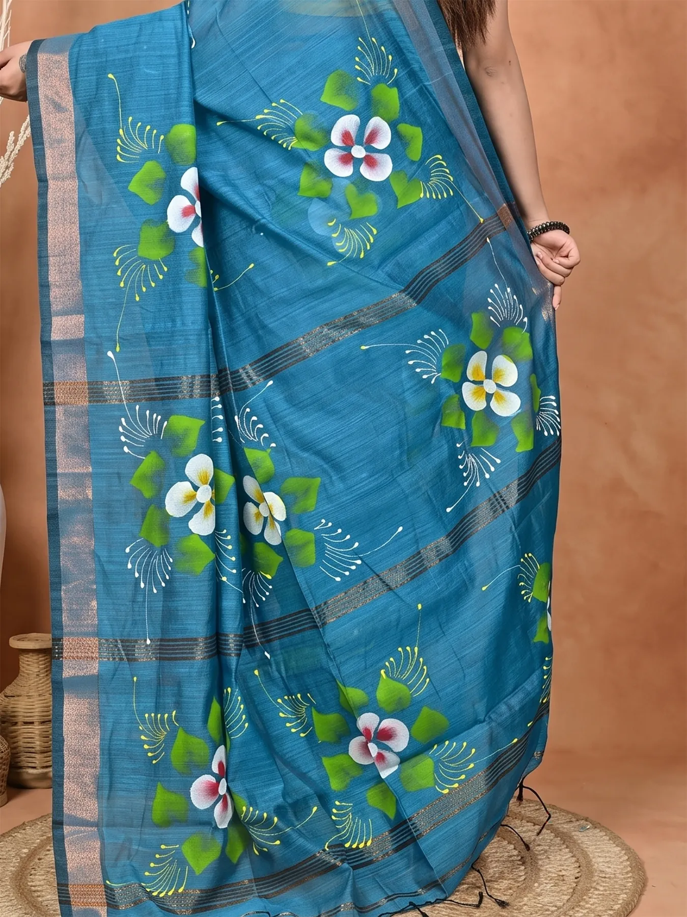 DipDiya Blended Cotton Peacock Blue Samvi Heritage of Bengali Hand Painted Sarees