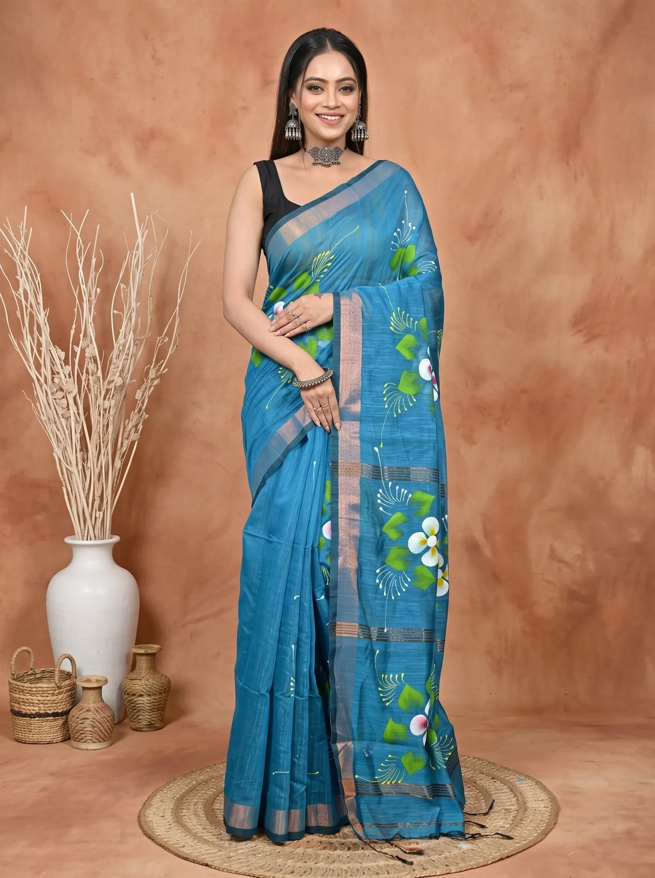 DipDiya Blended Cotton Peacock Blue Samvi Heritage of Bengali Hand Painted Sarees