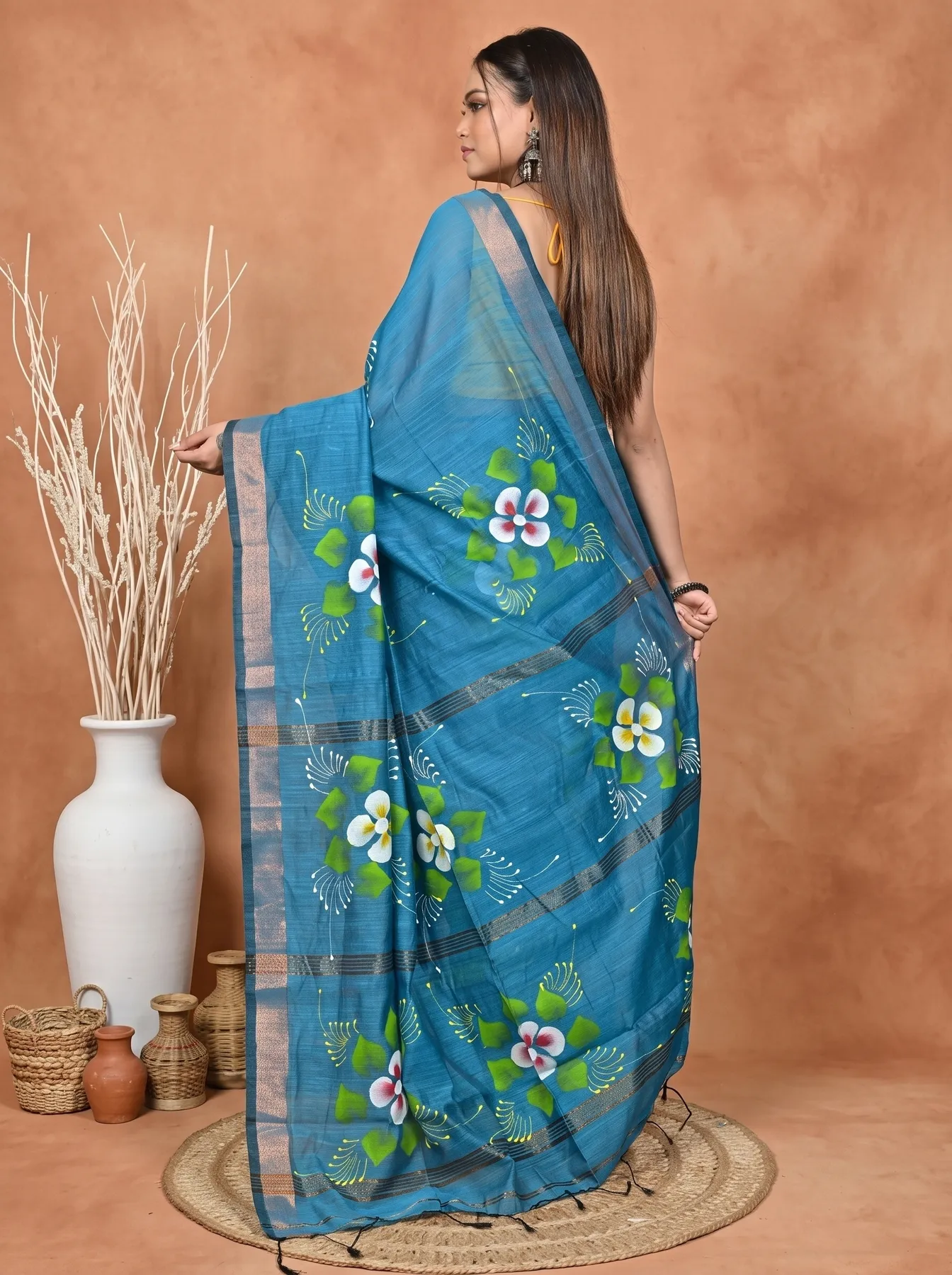 DipDiya Blended Cotton Peacock Blue Samvi Heritage of Bengali Hand Painted Sarees