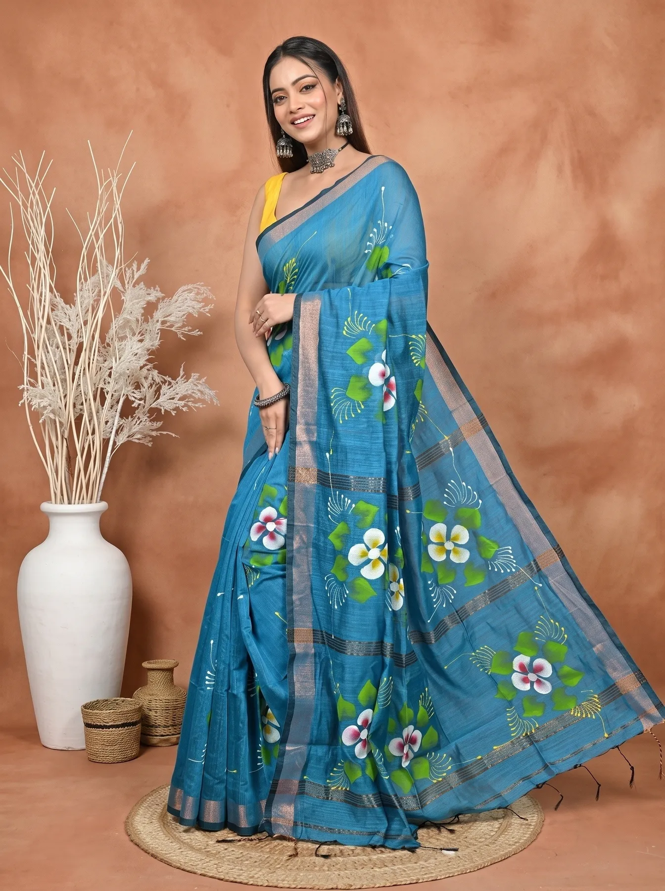 DipDiya Blended Cotton Peacock Blue Samvi Heritage of Bengali Hand Painted Sarees