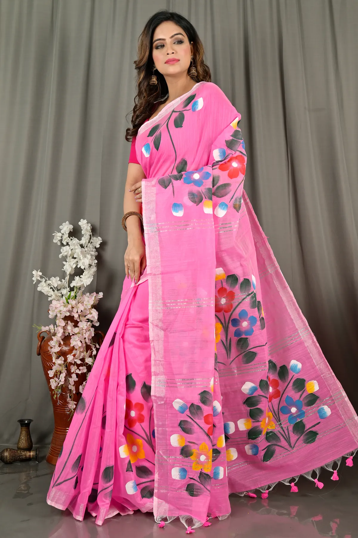 DipDiya Blended Cotton Pink Anito Loom to Love Hand Painted Sarees