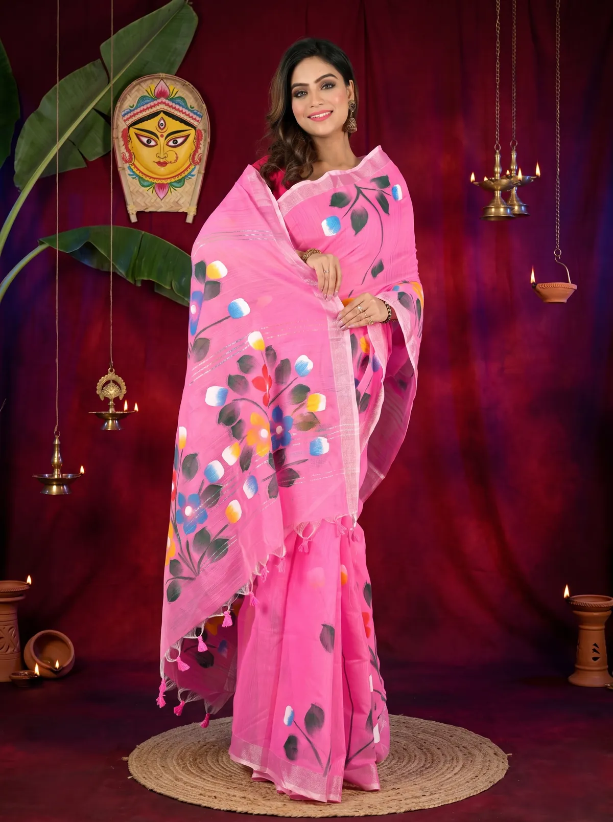 DipDiya Blended Cotton Pink Anito Loom to Love Hand Painted Sarees