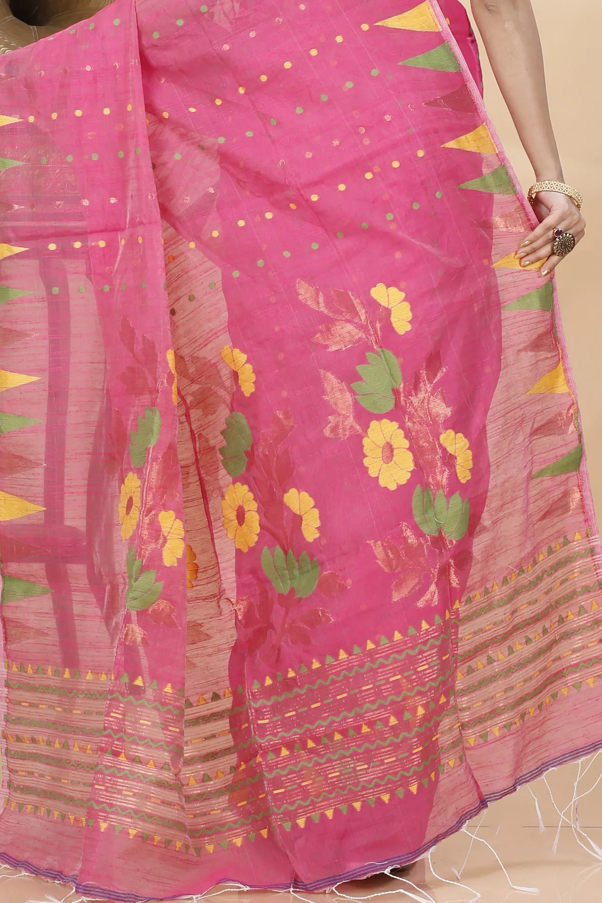 DipDiya Blended Cotton Pink Pilu Regal Bengali Handloom Sarees