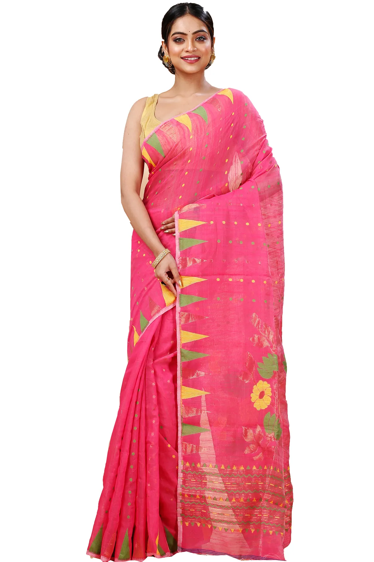 DipDiya Blended Cotton Pink Pilu Regal Bengali Handloom Sarees