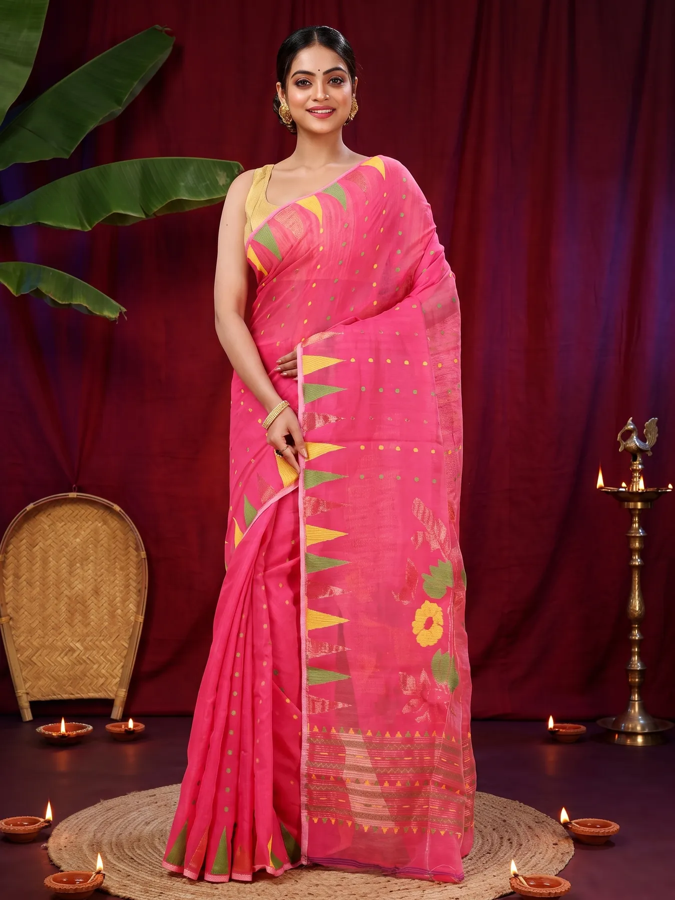 DipDiya Blended Cotton Pink Pilu Regal Bengali Handloom Sarees
