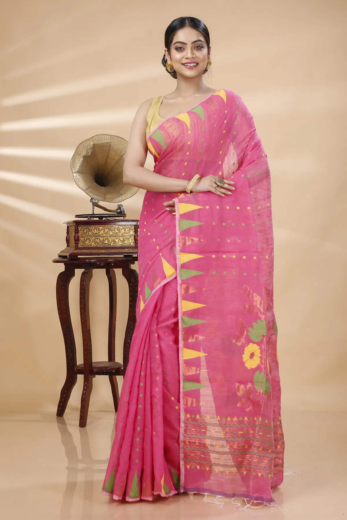DipDiya Blended Cotton Pink Pilu Regal Bengali Handloom Sarees
