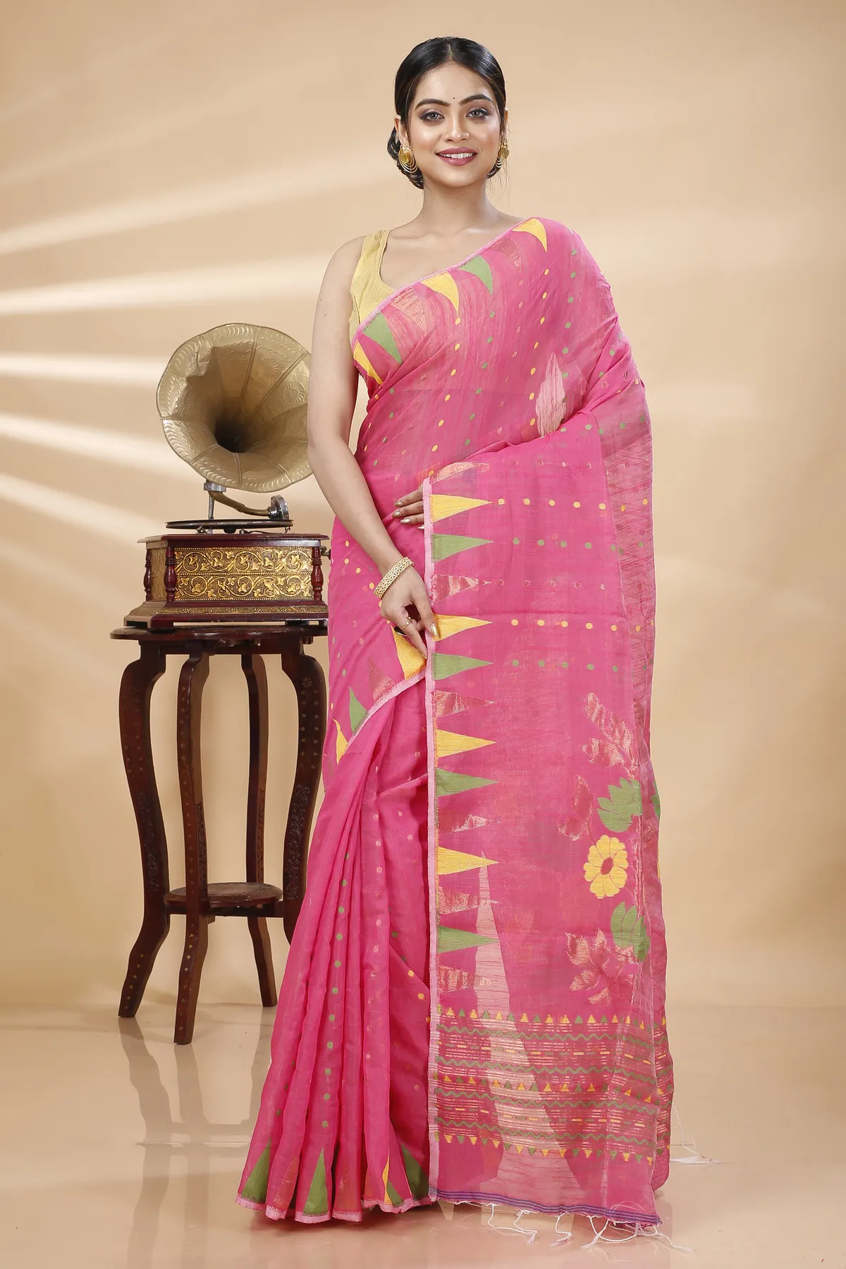 DipDiya Blended Cotton Pink Pilu Regal Bengali Handloom Sarees
