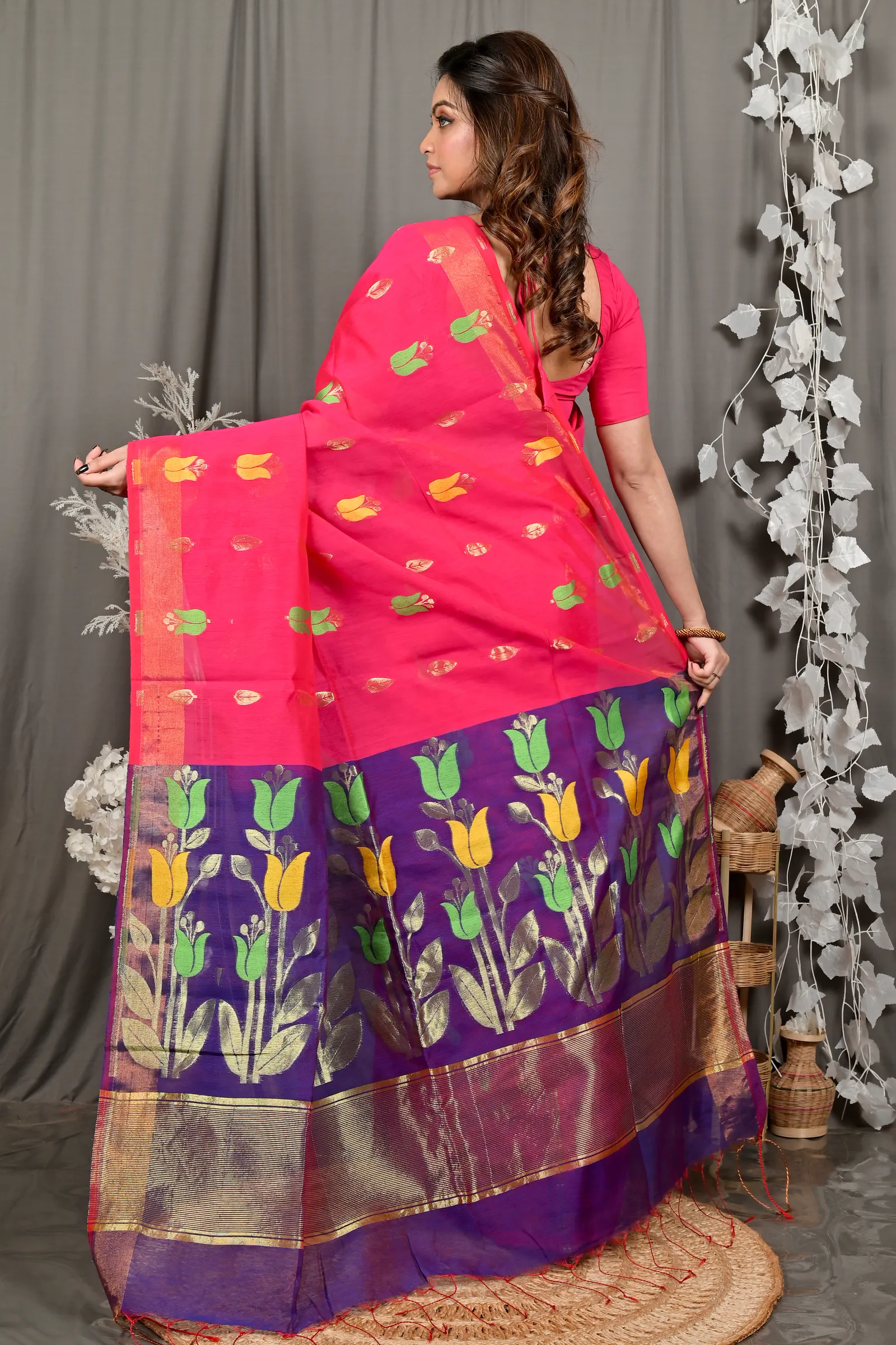 DipDiya Blended Cotton Pink Purple Foyani Heritage of Bengal Handloom Sarees