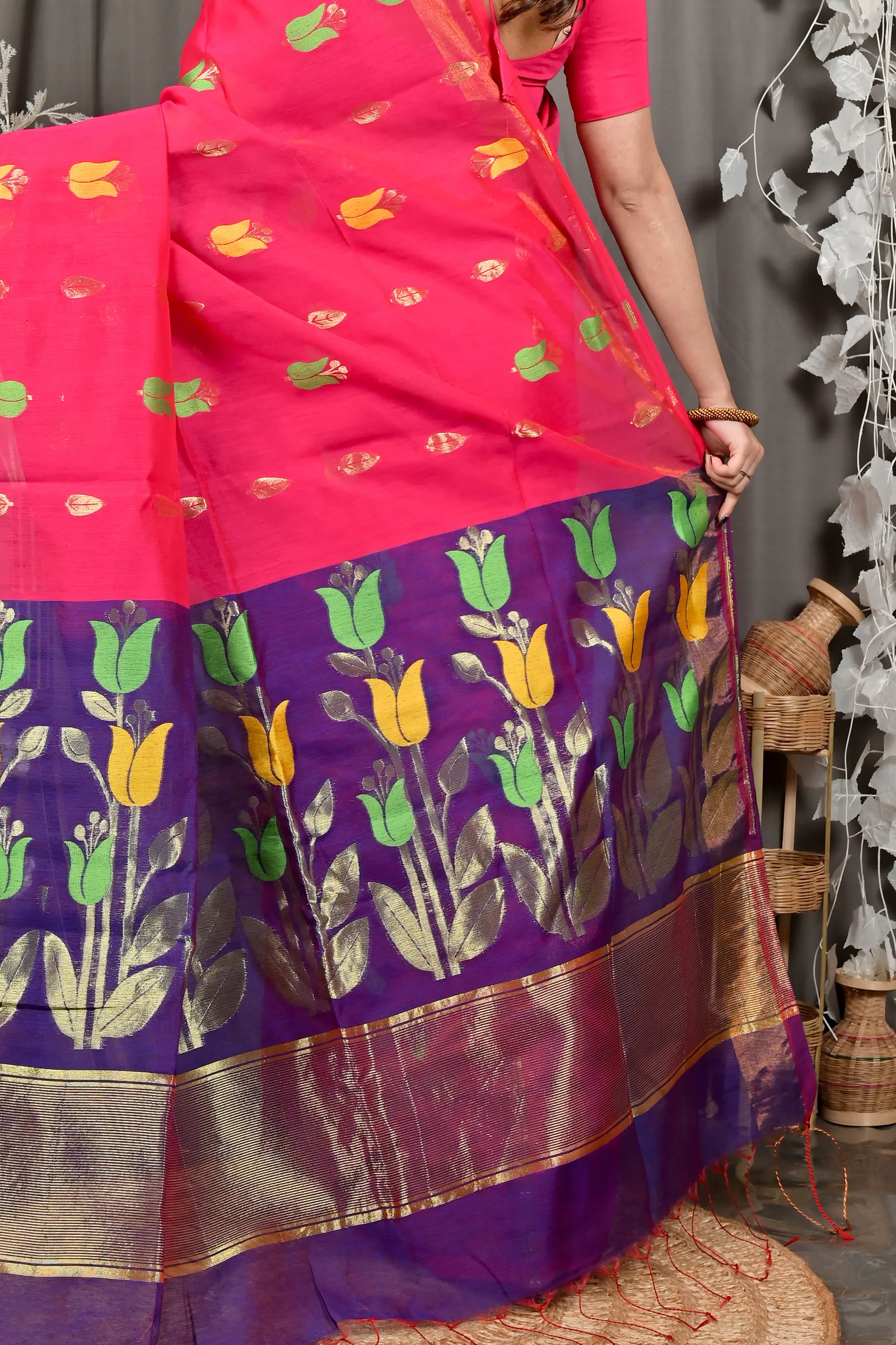 DipDiya Blended Cotton Pink Purple Foyani Heritage of Bengal Handloom Sarees