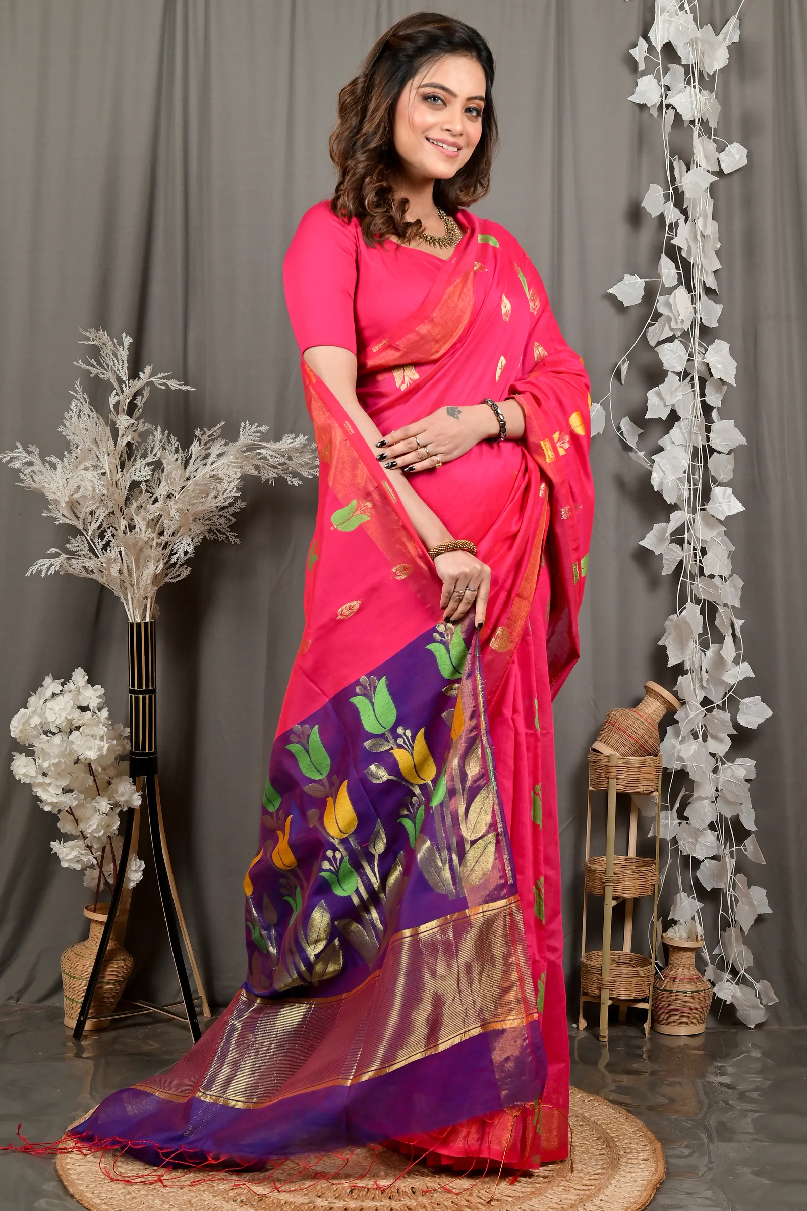 DipDiya Blended Cotton Pink Purple Foyani Heritage of Bengal Handloom Sarees