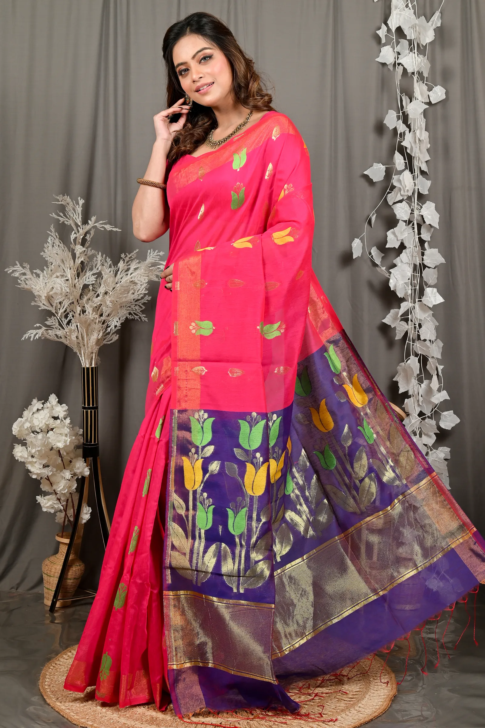 DipDiya Blended Cotton Pink Purple Foyani Heritage of Bengal Handloom Sarees