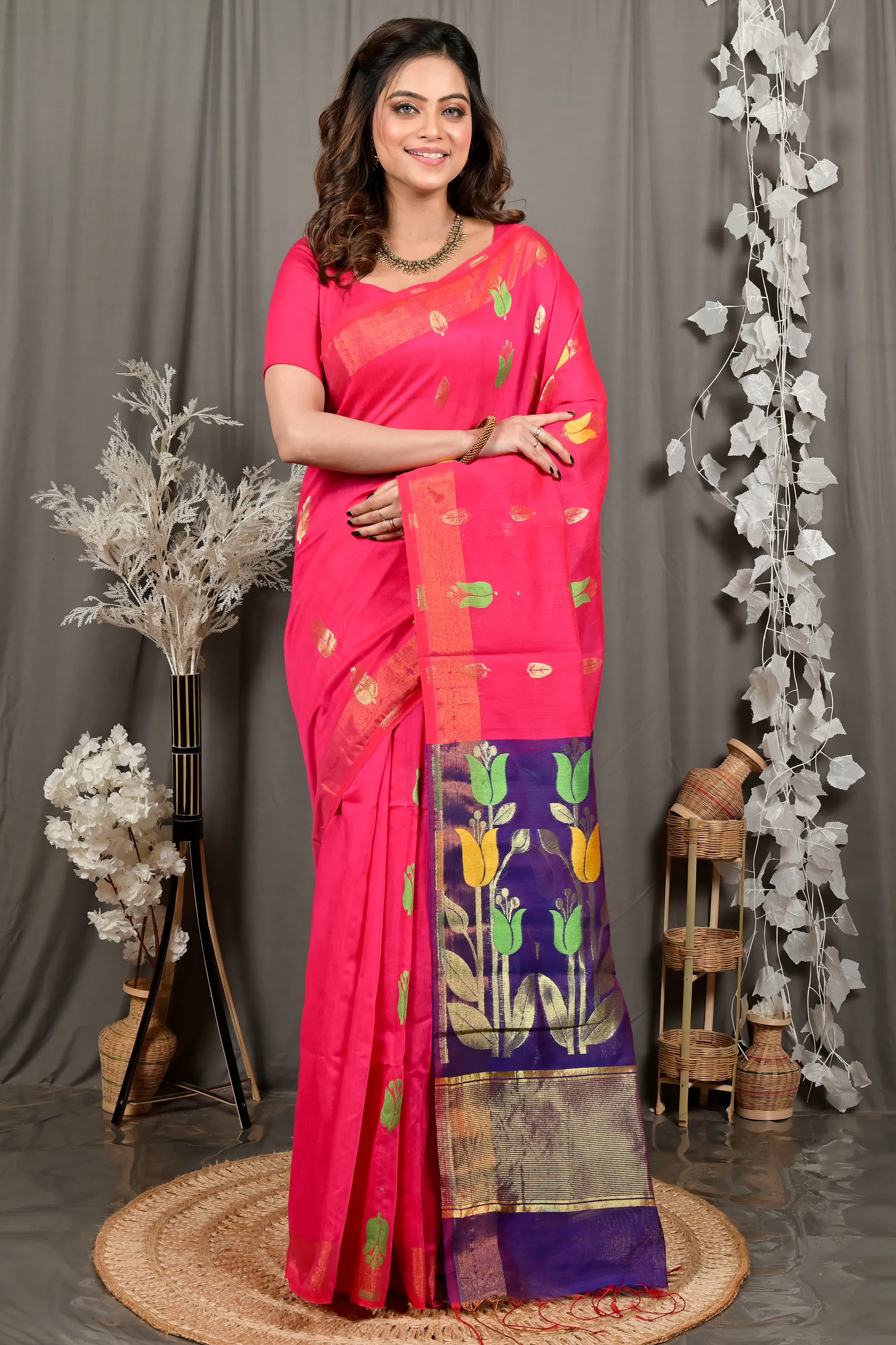 DipDiya Blended Cotton Pink Purple Foyani Heritage of Bengal Handloom Sarees