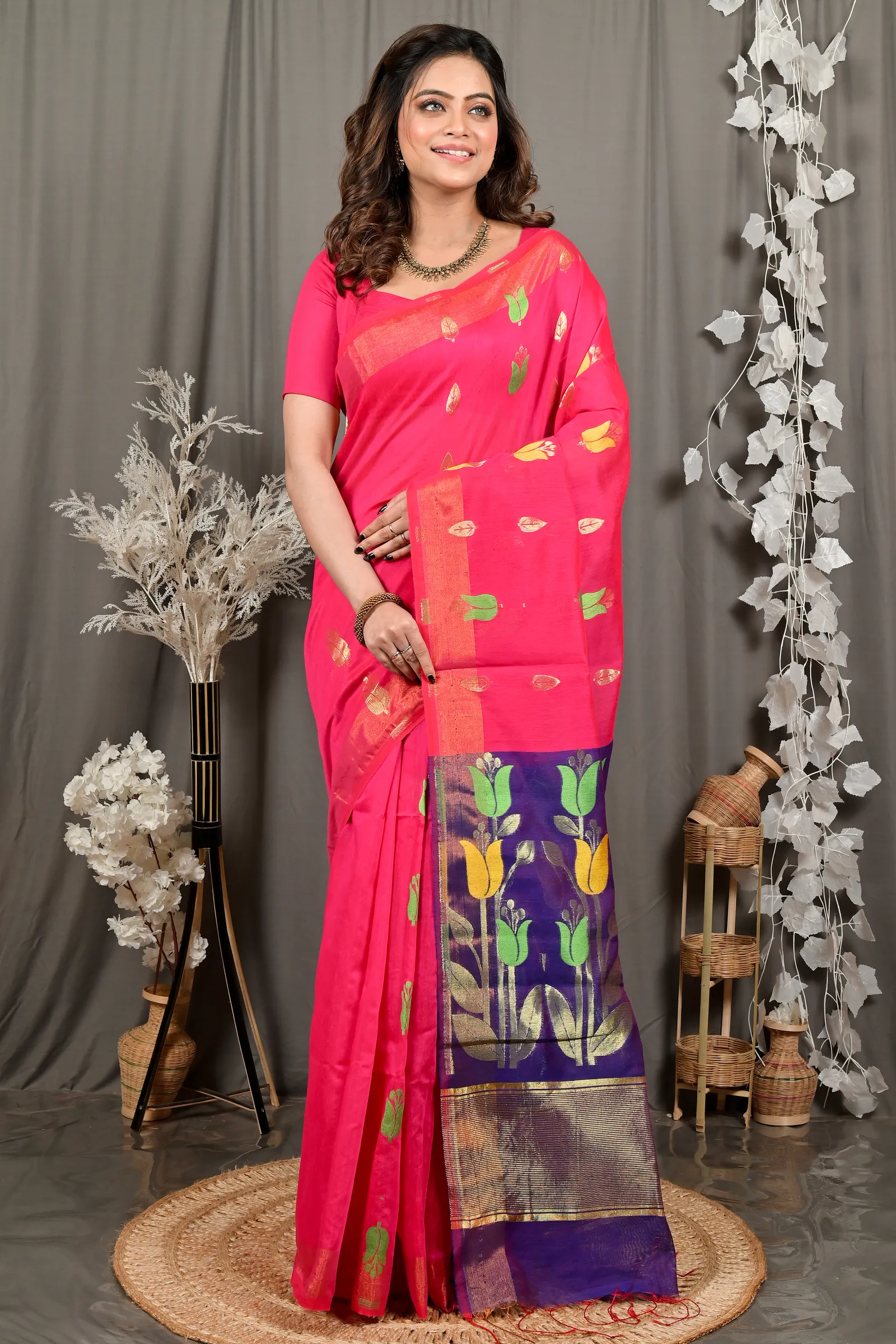 DipDiya Blended Cotton Pink Purple Foyani Heritage of Bengal Handloom Sarees
