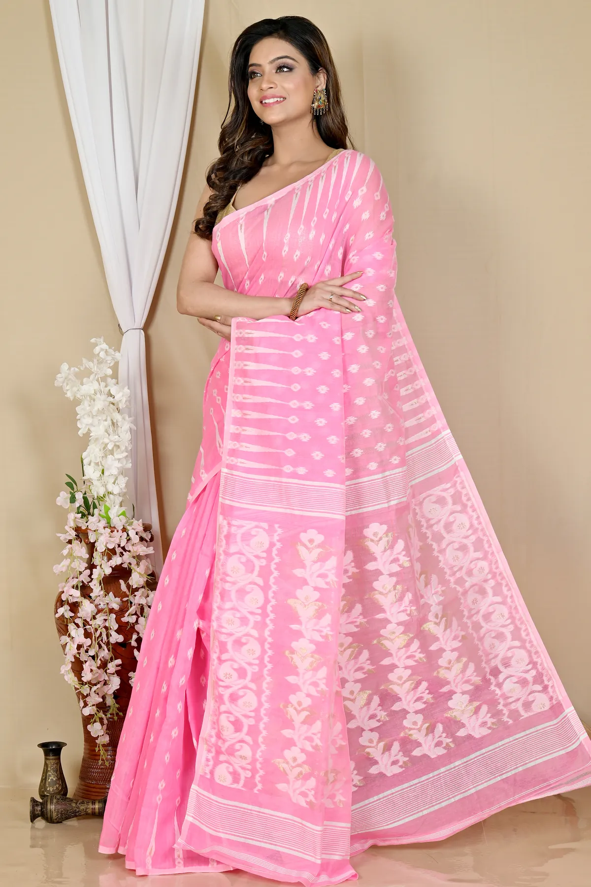 DipDiya Blended Cotton Pink Rapial Stories of Bengal Jamdani Sarees