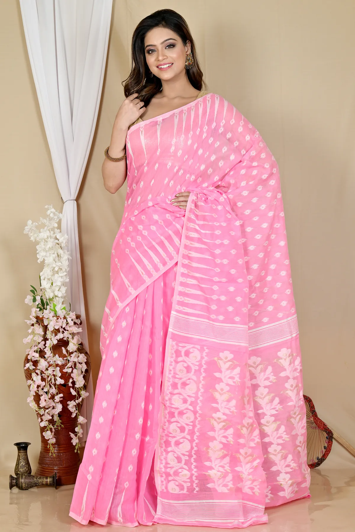 DipDiya Blended Cotton Pink Rapial Stories of Bengal Jamdani Sarees