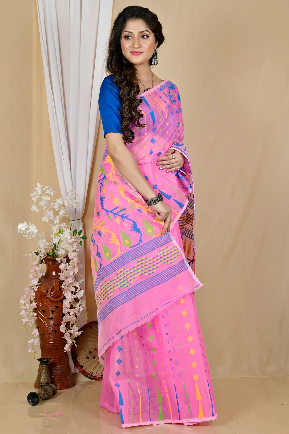DipDiya Blended Cotton Pink Rapkol Timeless Elegance Jamdani Sarees