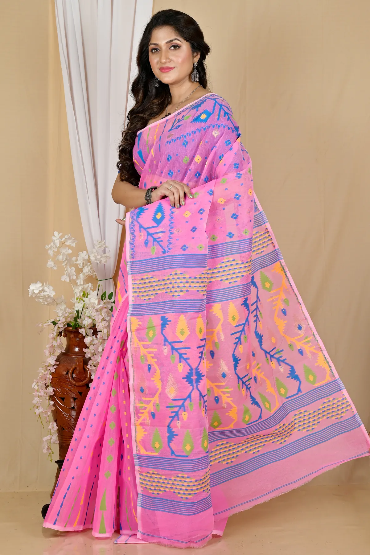 DipDiya Blended Cotton Pink Rapkol Timeless Elegance Jamdani Sarees