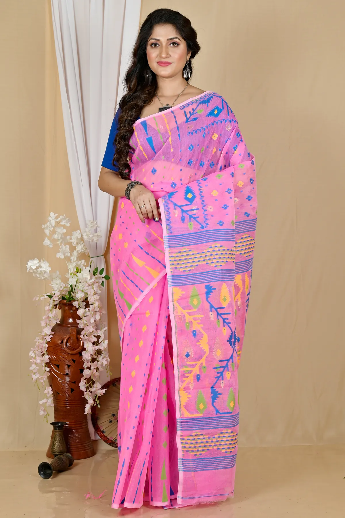 DipDiya Blended Cotton Pink Rapkol Timeless Elegance Jamdani Sarees