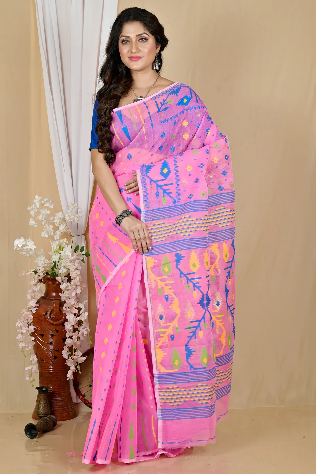 DipDiya Blended Cotton Pink Rapkol Timeless Elegance Jamdani Sarees