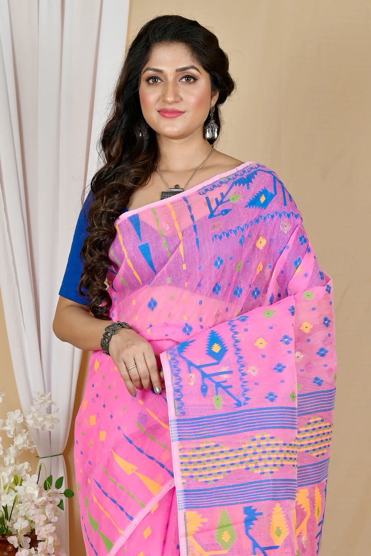 DipDiya Blended Cotton Pink Rapkol Timeless Elegance Jamdani Sarees