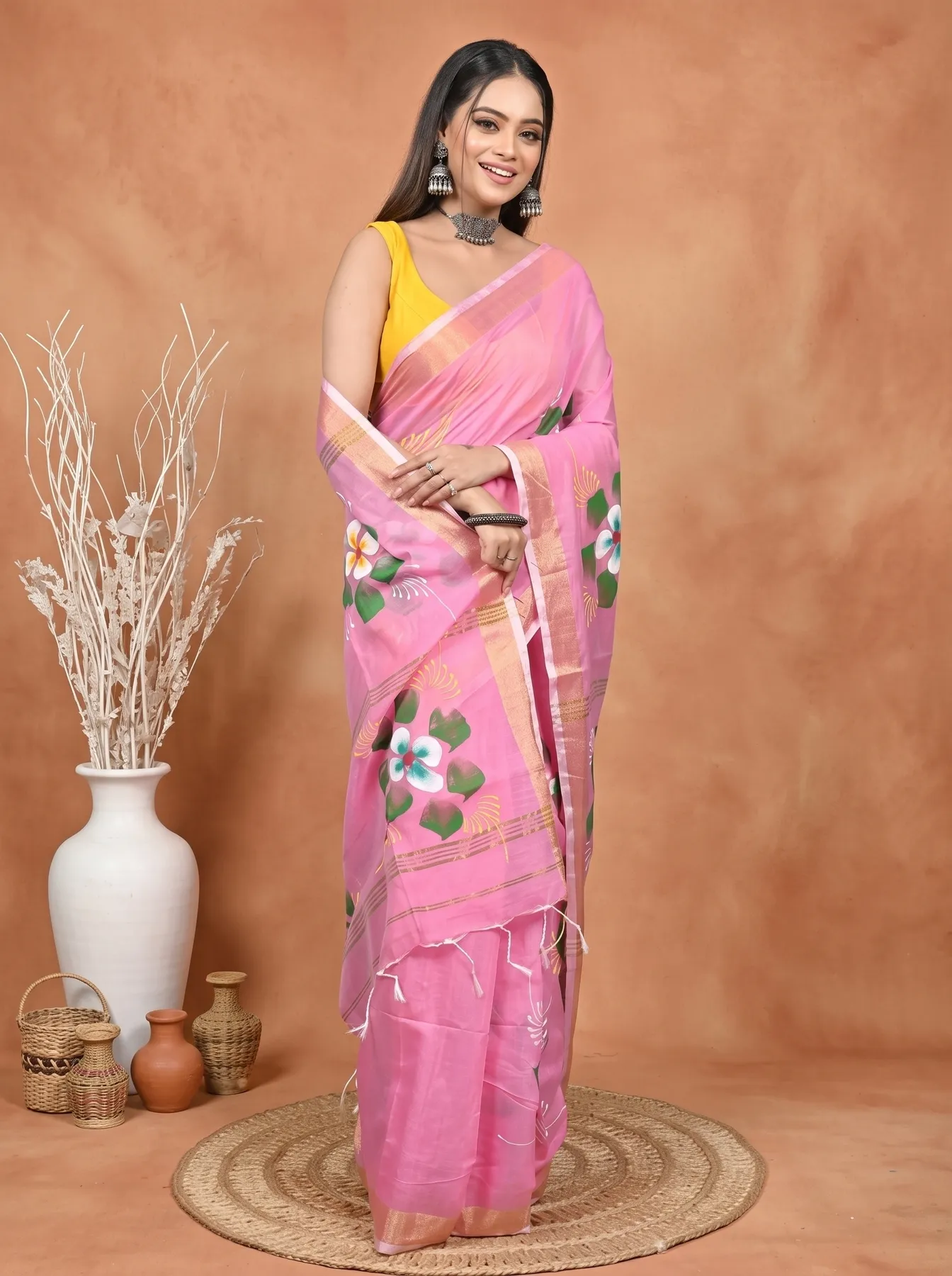 DipDiya Blended Cotton Pink Samvi Heritage of Bengali Hand Painted Sarees
