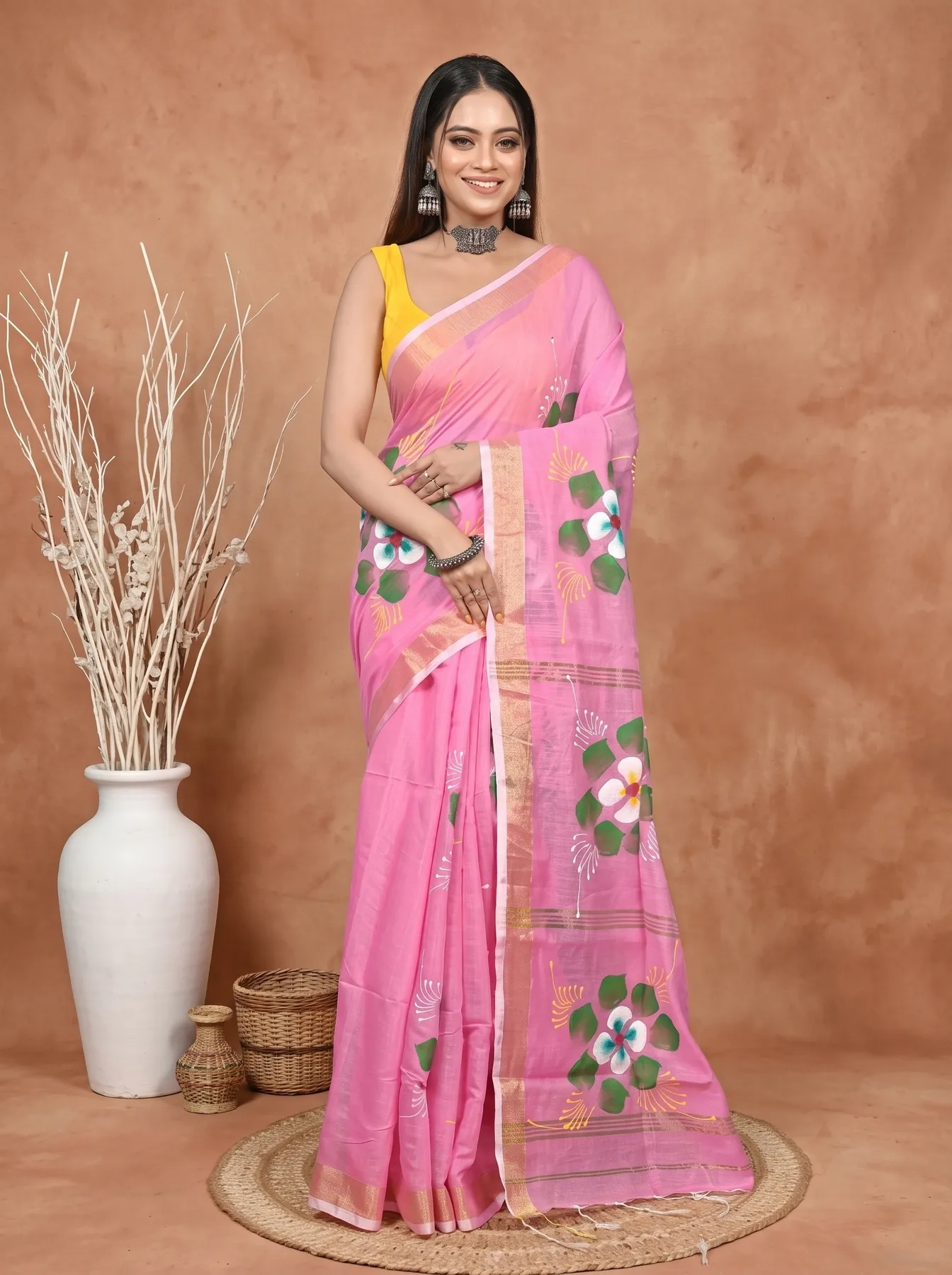 DipDiya Blended Cotton Pink Samvi Heritage of Bengali Hand Painted Sarees