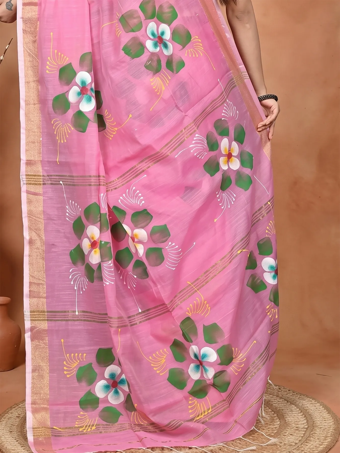 DipDiya Blended Cotton Pink Samvi Heritage of Bengali Hand Painted Sarees