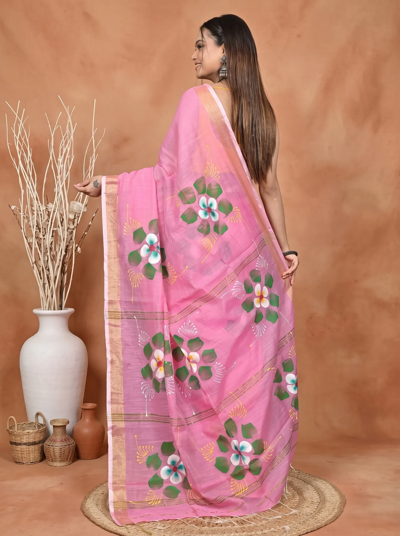 DipDiya Blended Cotton Pink Samvi Heritage of Bengali Hand Painted Sarees