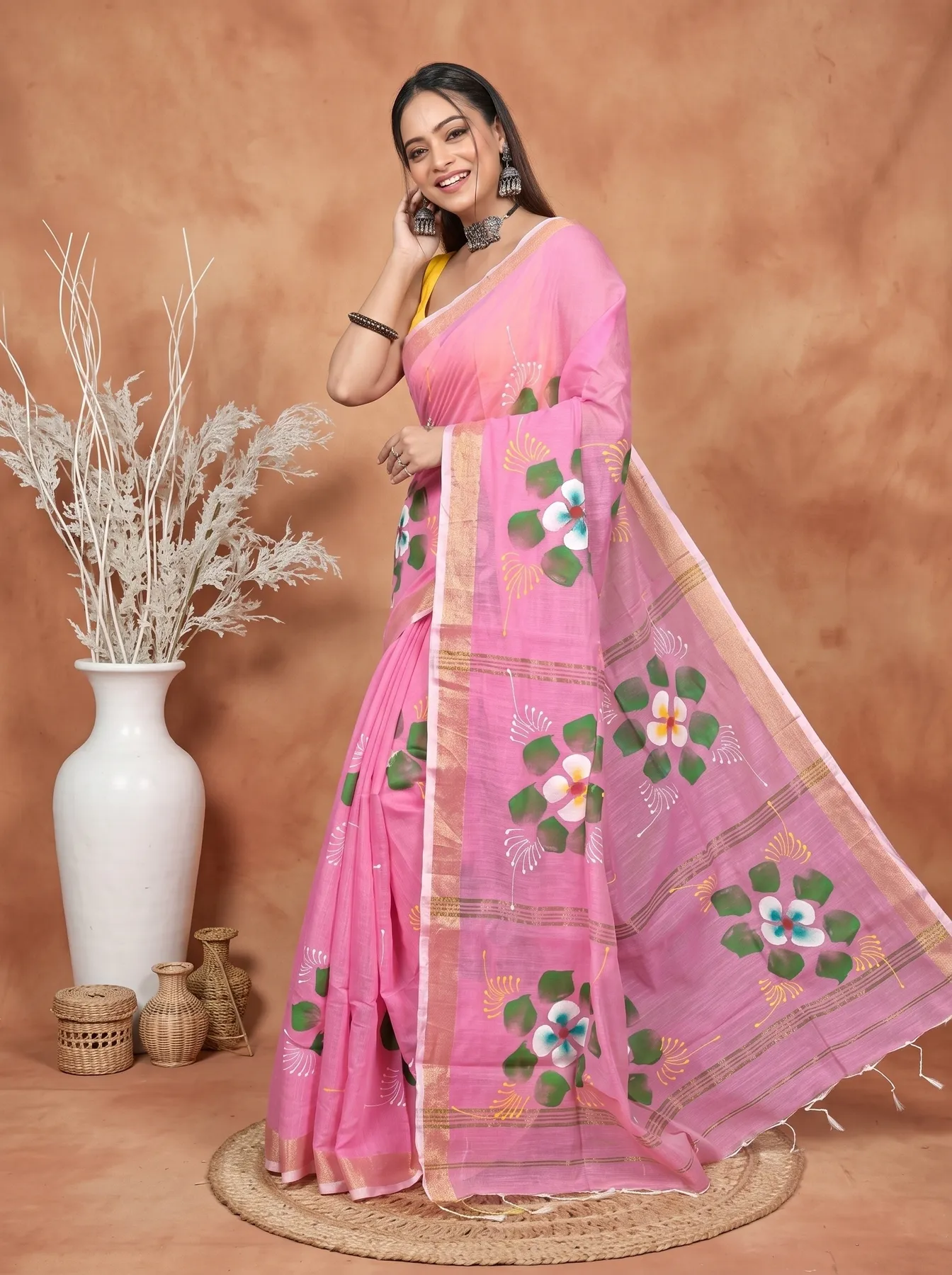DipDiya Blended Cotton Pink Samvi Heritage of Bengali Hand Painted Sarees