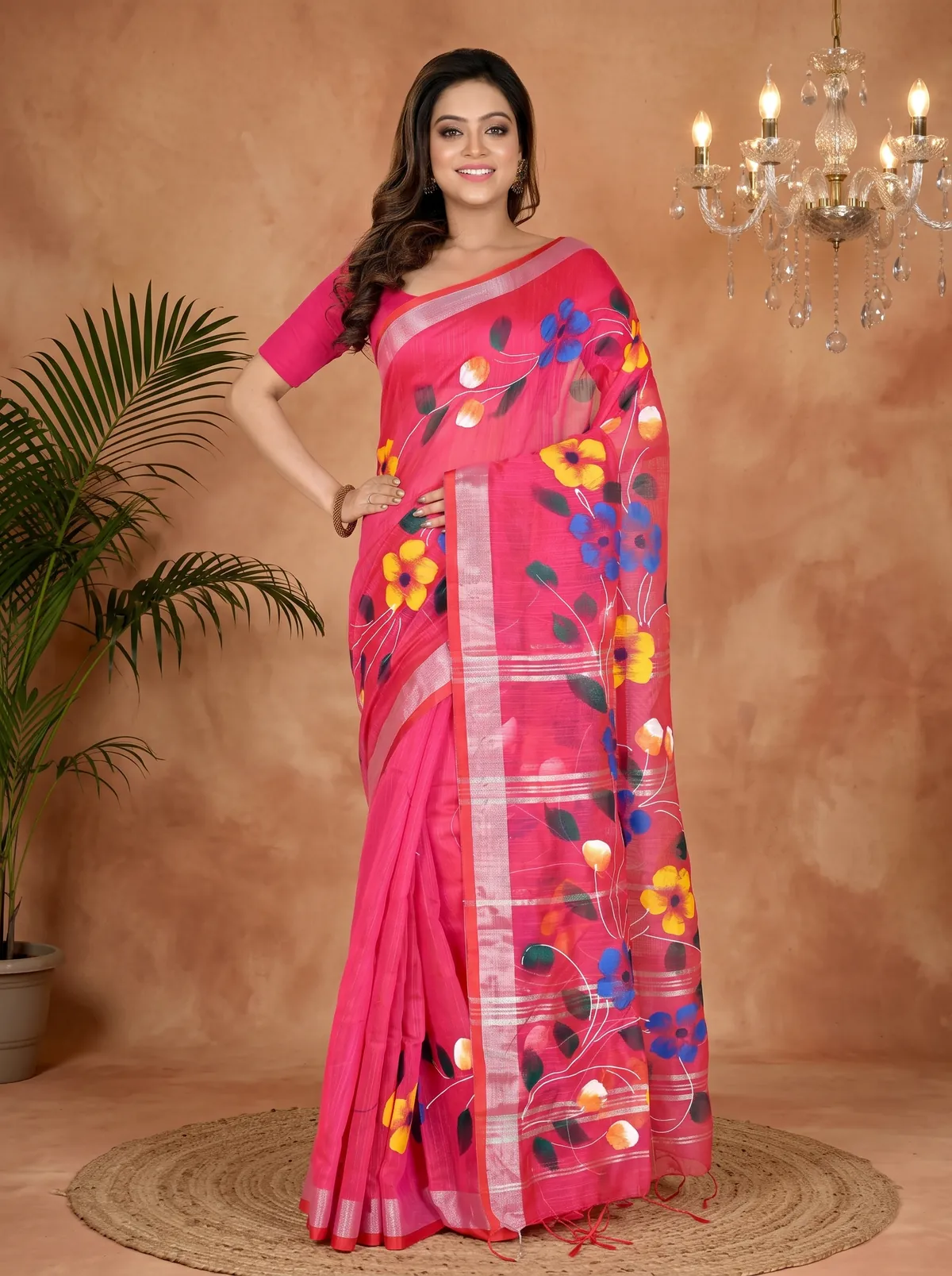 DipDiya Blended Cotton Pink Slabaka Ful Handloom Heritage Hand Painted Sarees