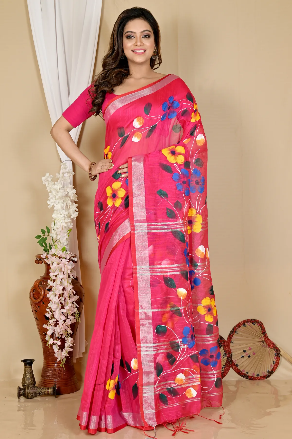 DipDiya Blended Cotton Pink Slabaka Ful Handloom Heritage Hand Painted Sarees