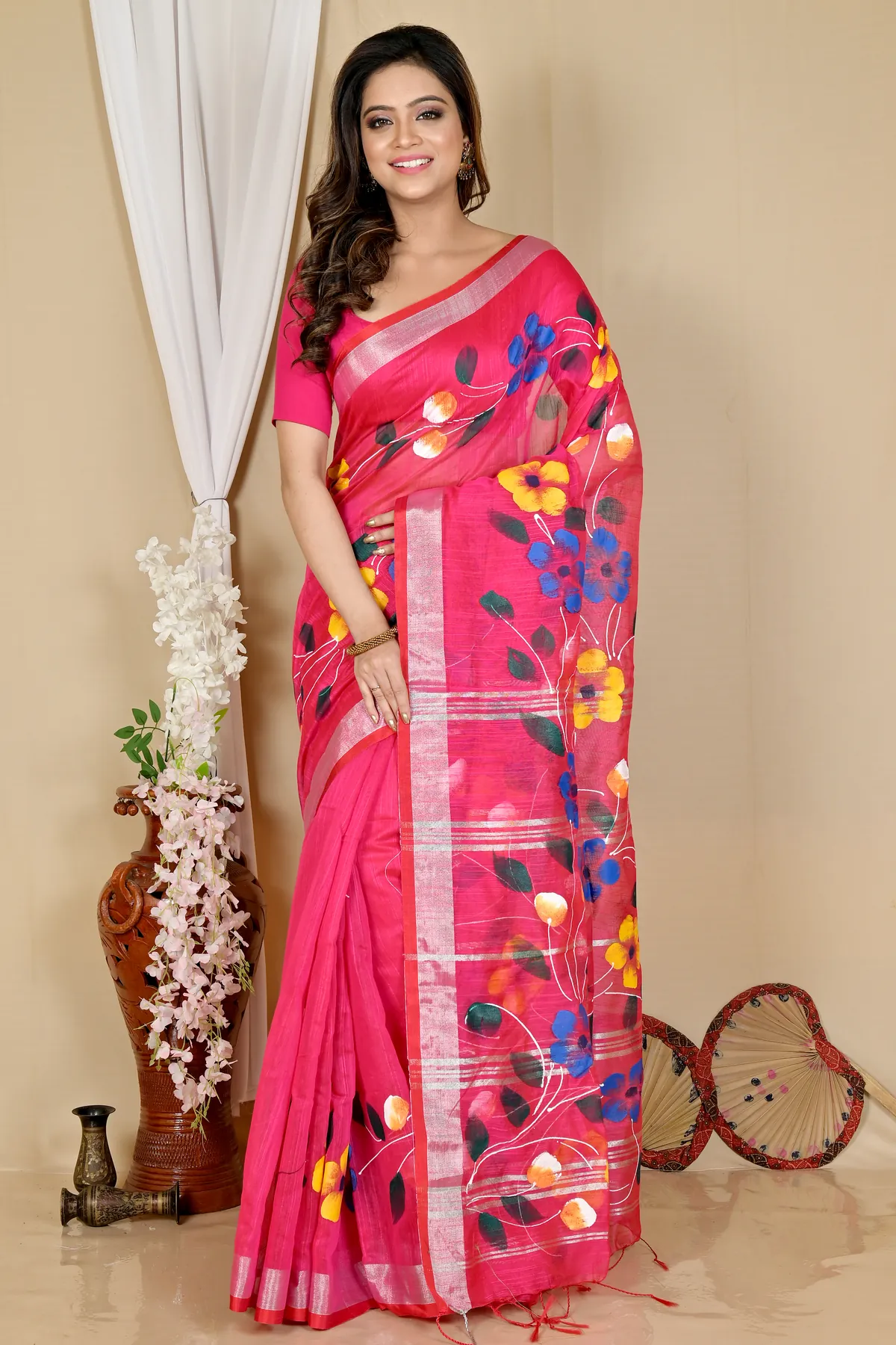 DipDiya Blended Cotton Pink Slabaka Ful Handloom Heritage Hand Painted Sarees