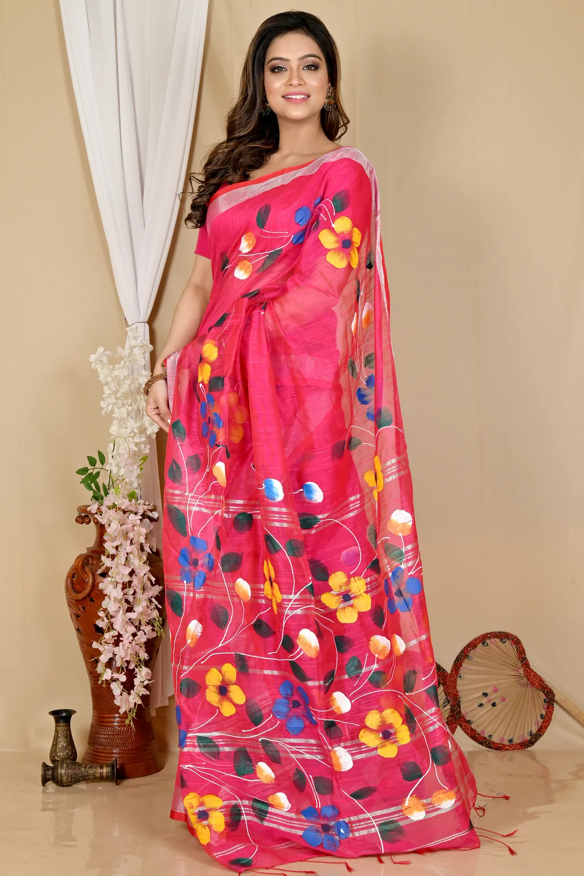 DipDiya Blended Cotton Pink Slabaka Ful Handloom Heritage Hand Painted Sarees